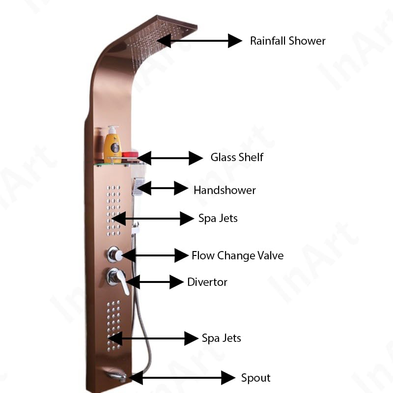 Premium 304 Stainless Steel 5-in-1 Shower Panel System with Waterfall, Rainfall, Body Massage Jets, Handheld Shower & Glass Shelf - Rose Gold Finish | Luxury Bathroom Upgrade for Spa-Like Experience