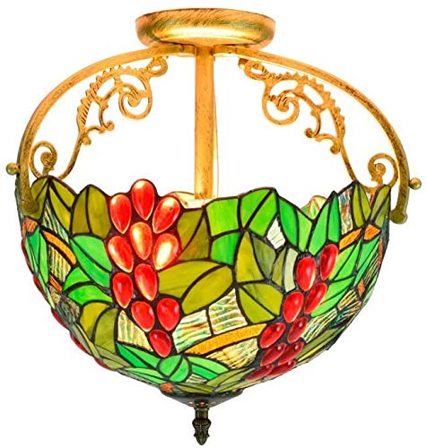 DALUXE Tiffany Style 12 Inch Half Ceiling Light - Green Leaf Red Fruit Stained Glass Pendant Lamp for Living Room & Hallway | Vintage Home Decor Lighting