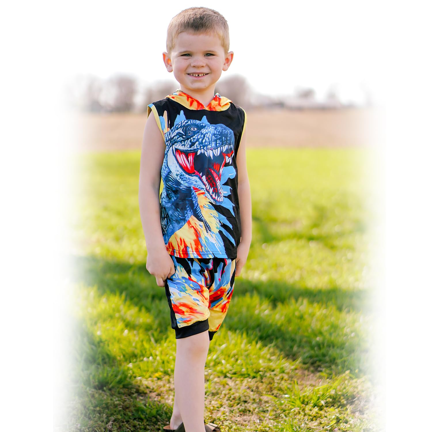 **HINTINA Toddler Boys Dinosaur Sleeveless Hoodie & Shorts Outfit Set - Summer Playwear for Boys, Outdoor Adventures & Casual Wear**