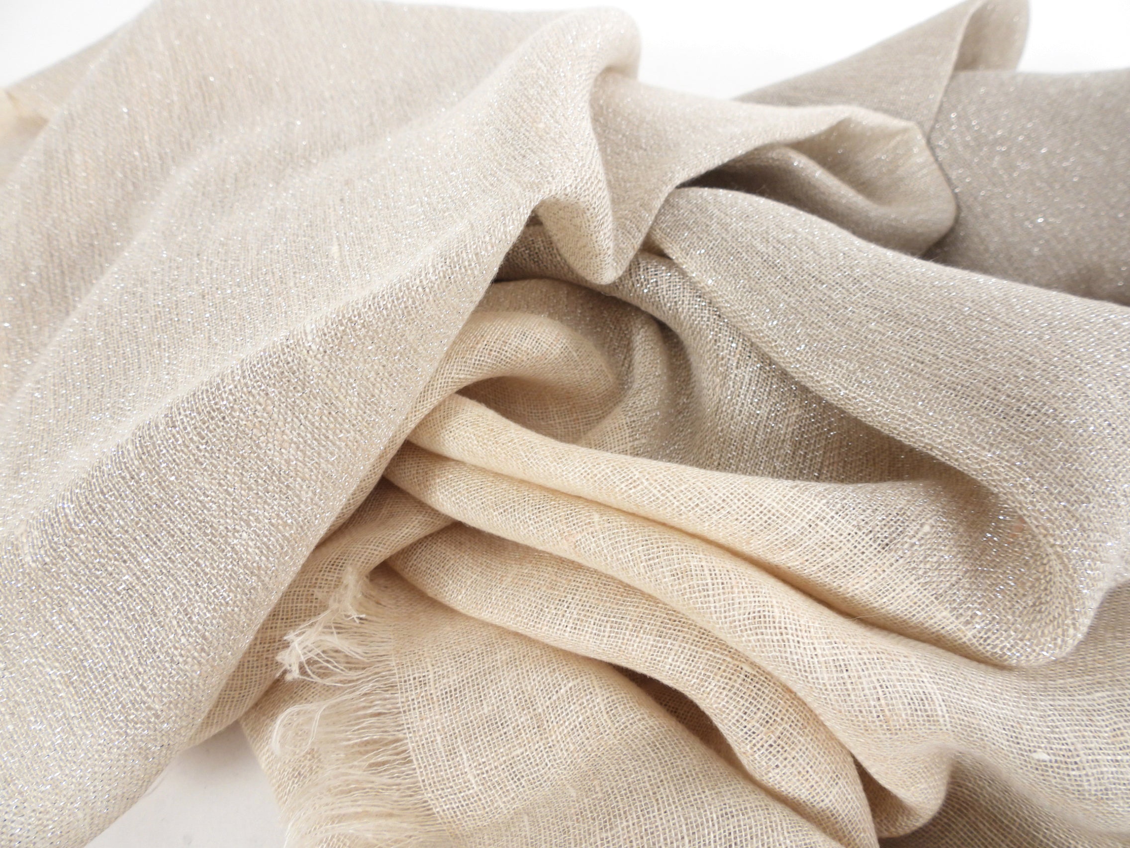 Brunello Cucinelli Natural Linen Shimmer Shawl Scarf - Lightweight Woven Wrap for Women, Elegant Evening Wear & Boho Chic Accessory