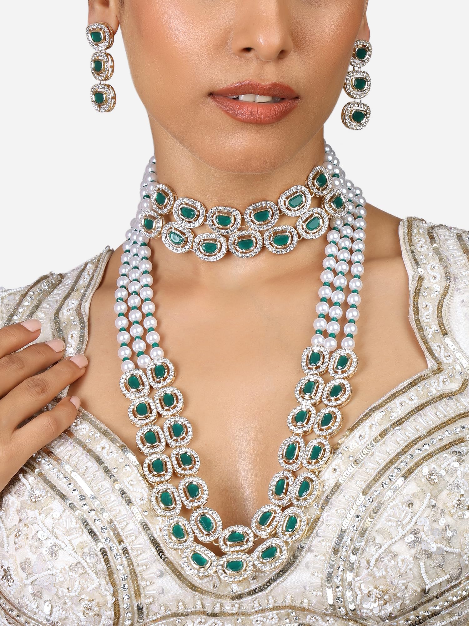 ZAVERI PEARLS Green Stone Beads & Austrian Diamond Bridal Choker Necklace Set with Earrings for Women - ZPFK17342 | Wedding, Party & Evening Wear Jewelry