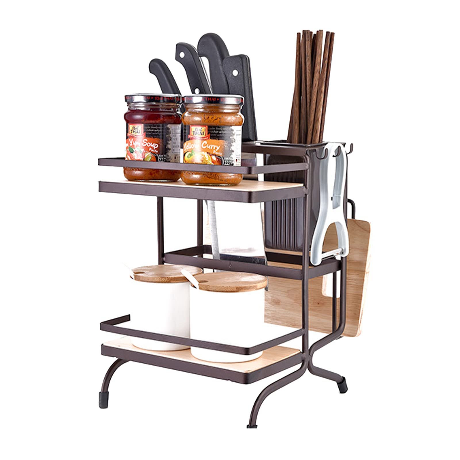 2-Tier Wooden Spice Rack with 6 Hooks - Kitchen Countertop Organizer for Utensils, Cutting Boards & Dishes | Space-Saving Storage Solution for Small Kitchens & Countertop Drying Needs