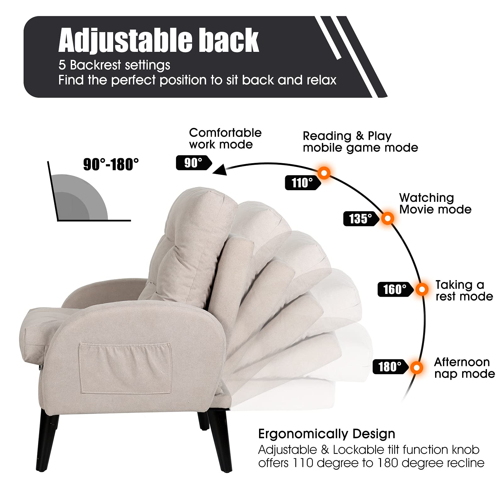 ELUCHANG Accent Chairs with Ottoman - Adjustable Backrest & Storage Footrest, Upholstered Comfy Armchair for Living Room, Bedroom - Light Grey Linen Fabric | Perfect for Reading, Relaxing & Leisure Time