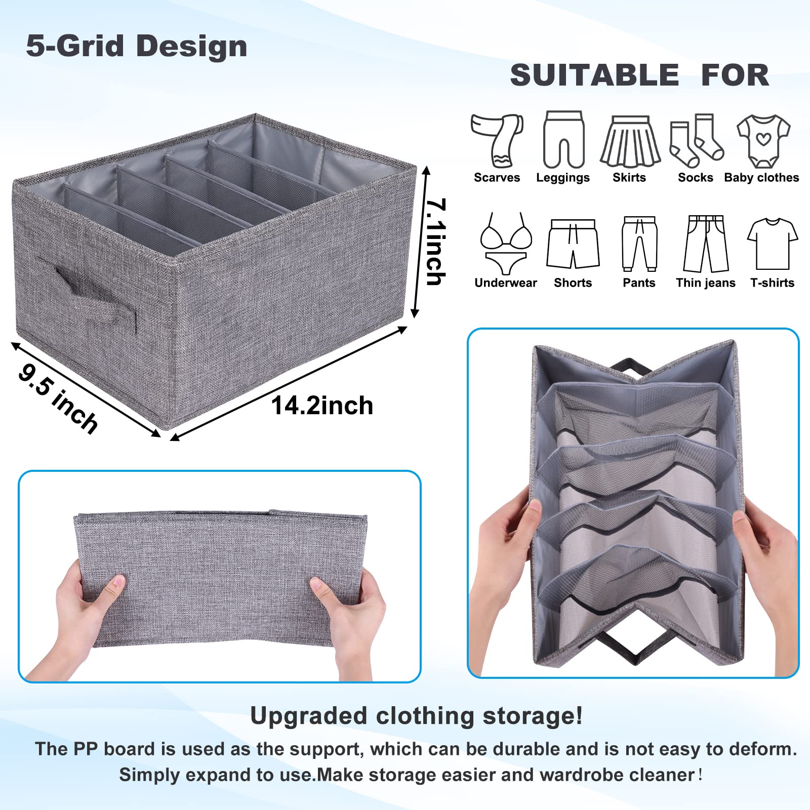Foldable 5-Grid Drawer Organizer for Clothes - Washable Wardrobe Storage Bins for Jeans, Pants & Sweaters | Space-Saving Closet Solution for Bedroom, Dorm & Travel (4-Pack, Gray)