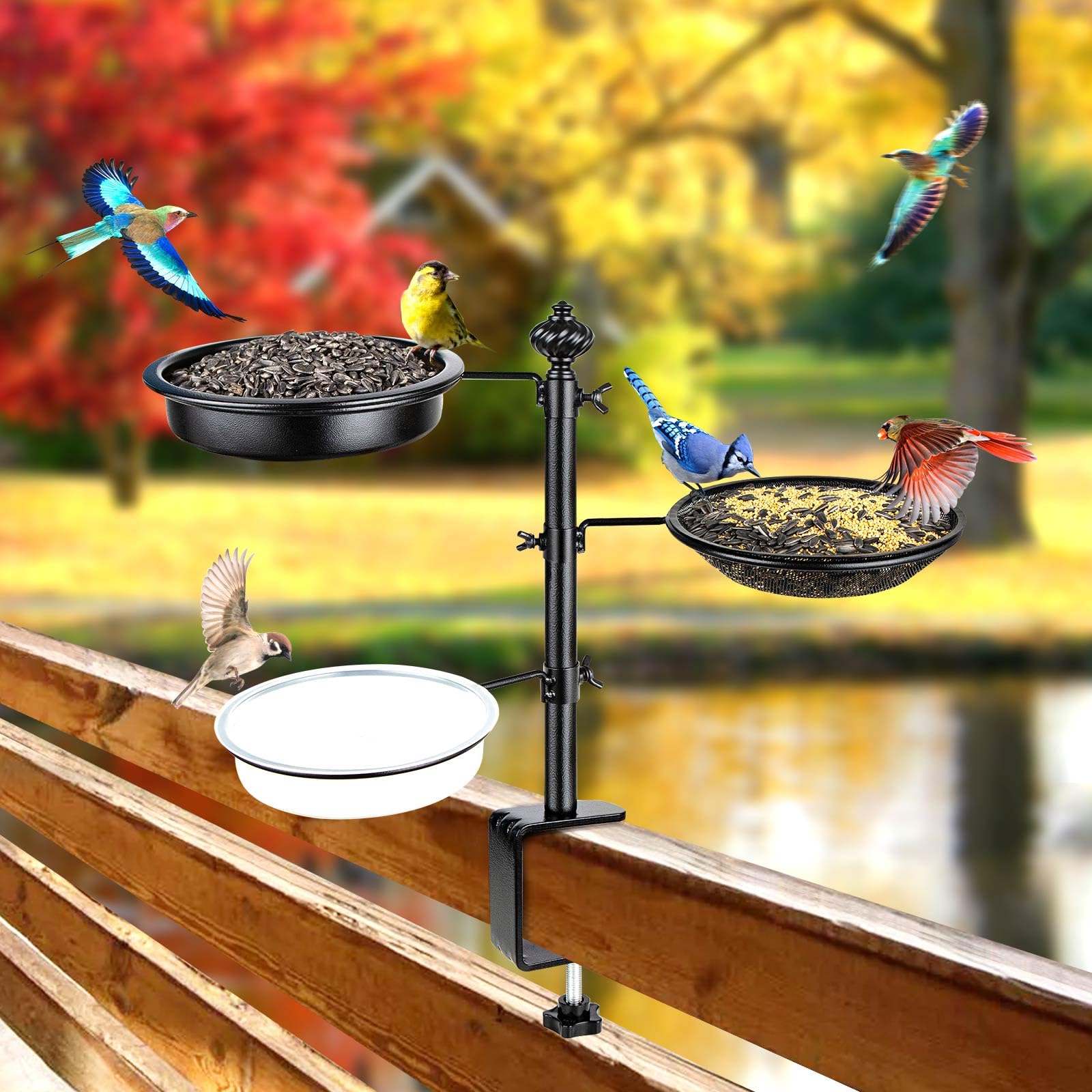 BOLITE Enhanced Black Deck Bird Feeder with 3 Trays - Hanging Balcony Bird Feeders for Outdoor Railings - Attract Cardinals, Finches & Wild Birds to Your Garden or Patio