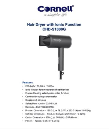Cornell 1800W Professional Ionic Hair Dryer with Styling Nozzle - Fast Drying, Frizz Control for Salon-Quality Blowouts at Home | CHDS1800G | Perfect for Daily Styling, Travel & Salon Use