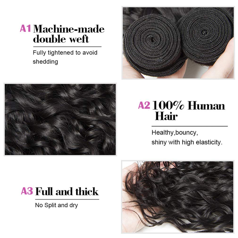14 16 18+12 Inch Water Wave Human Hair Bundles with 4x4 Lace Closure - 100% Unprocessed Brazilian Virgin Hair - 3 Bundles Set for Natural Look - Perfect for Sew-in Weaves, Wig Making, and Everyday Styling