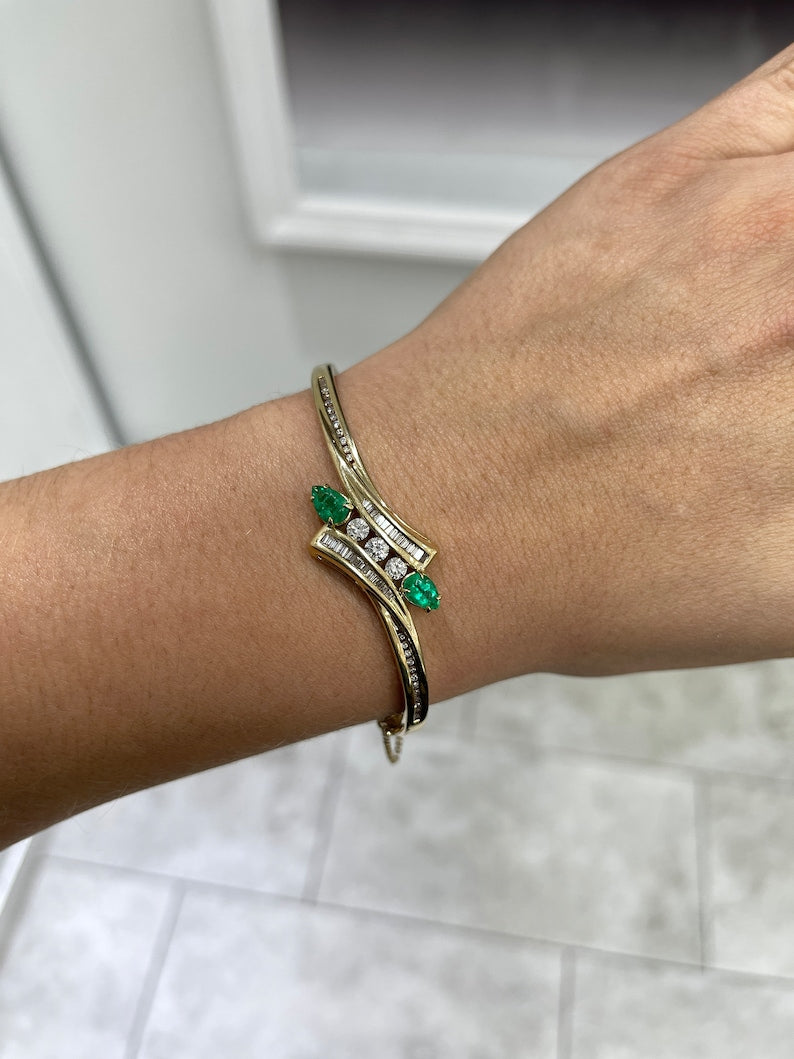1.95tcw 14K Gold Medium Yellowish Green Emerald Round Cut Triple Diamond Accent Bangle Bracelet for Women - Elegant Jewelry Gift for Birthday, Anniversary & Special Occasions