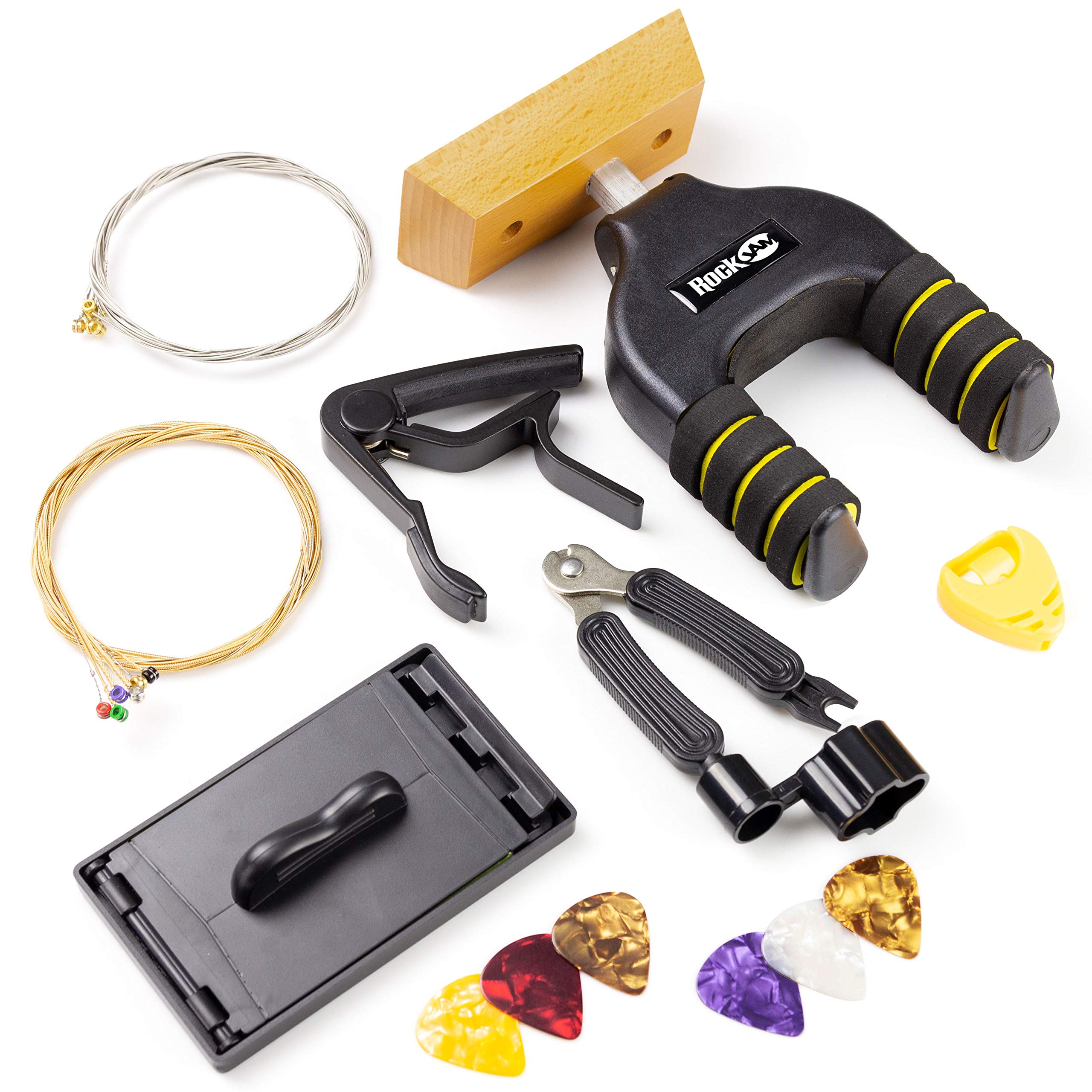 RockJam RJACC01 Complete Guitar Accessories Kit - Includes Hanger, Capo, Electric & Acoustic Strings, Tuner Multi-Tool, Plectrums & Pick Holder | Perfect for Guitar Maintenance, Practice & Performance