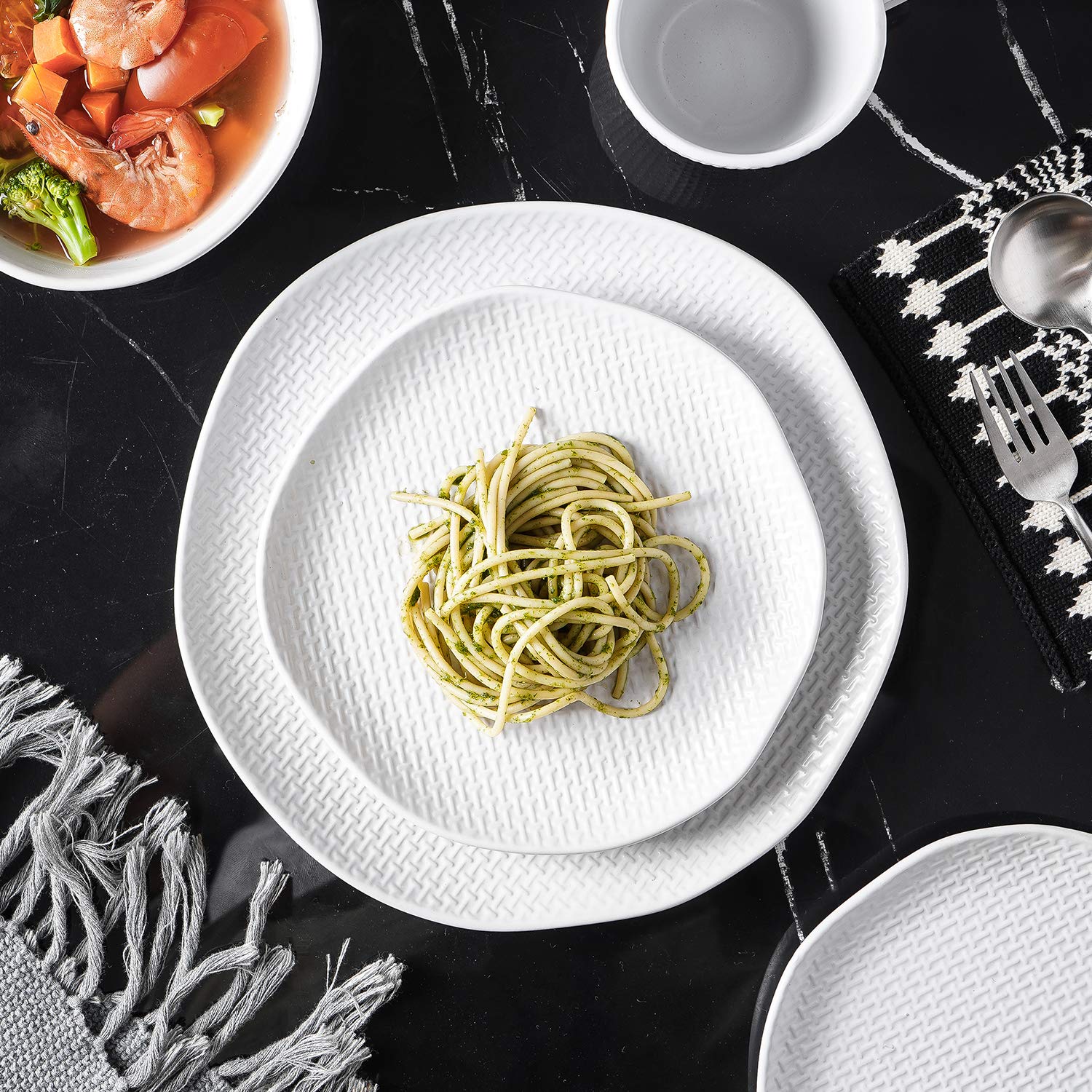Stone Woven Stoneware Dinner Plate Set of 4 - White Ceramic Plates for Everyday Dining, Entertaining & Restaurant Use - Abigael Collection
