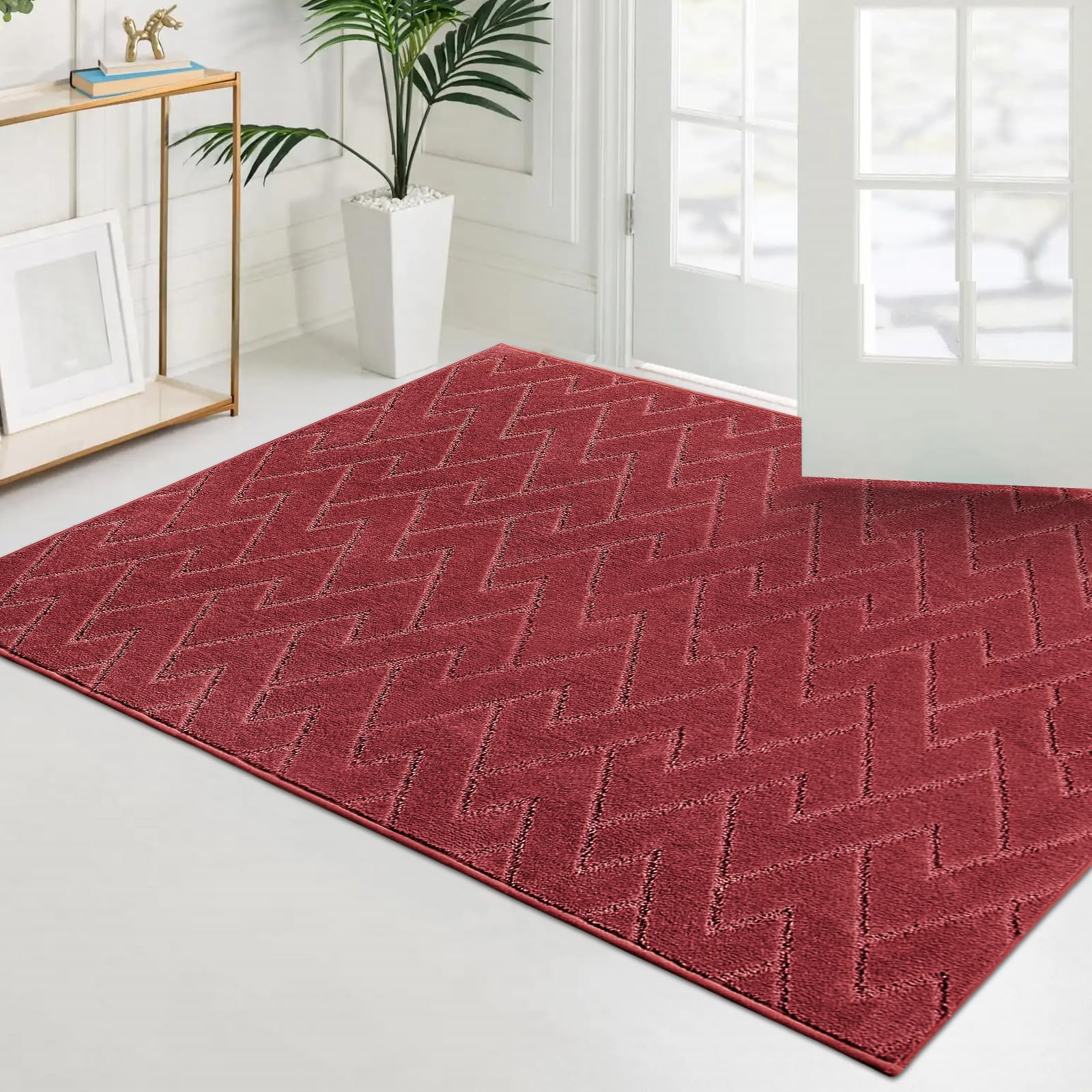 PURRUGS 4x6 Feet Non-Slip Washable Area Rug - Pet Friendly Entryway Mat for Dogs, Stain Resistant Accent Carpet for Hallway, Bedroom, Living Room & Mudroom - Burgundy Red | Perfect for High Traffic Areas & Pet Owners