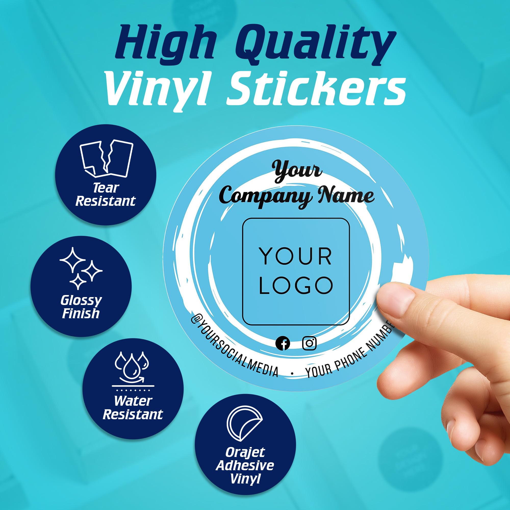 Custom Round Stickers 5x5 Inch - Personalized Business Logo & Labels - Self-Adhesive Vinyl Stickers in Blue Swirls Design - Perfect for Branding, Packaging & Promotional Giveaways