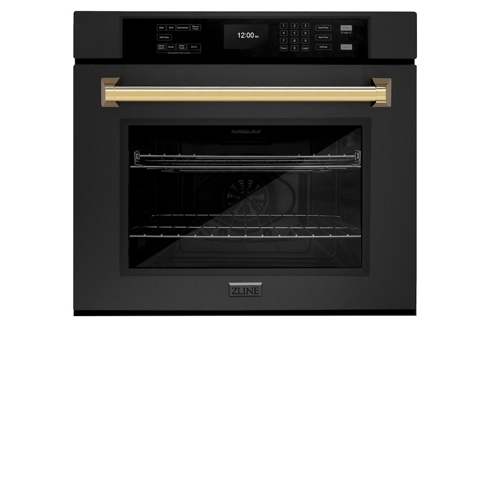 ZLINE Autograph Edition 30 Inch Black Stainless Steel Wall Oven with Air Fry & Self Clean - Professional True Convection Oven with Polished Gold Handle - Perfect for Home Chefs & Modern Kitchens (WASBZ 30 G)