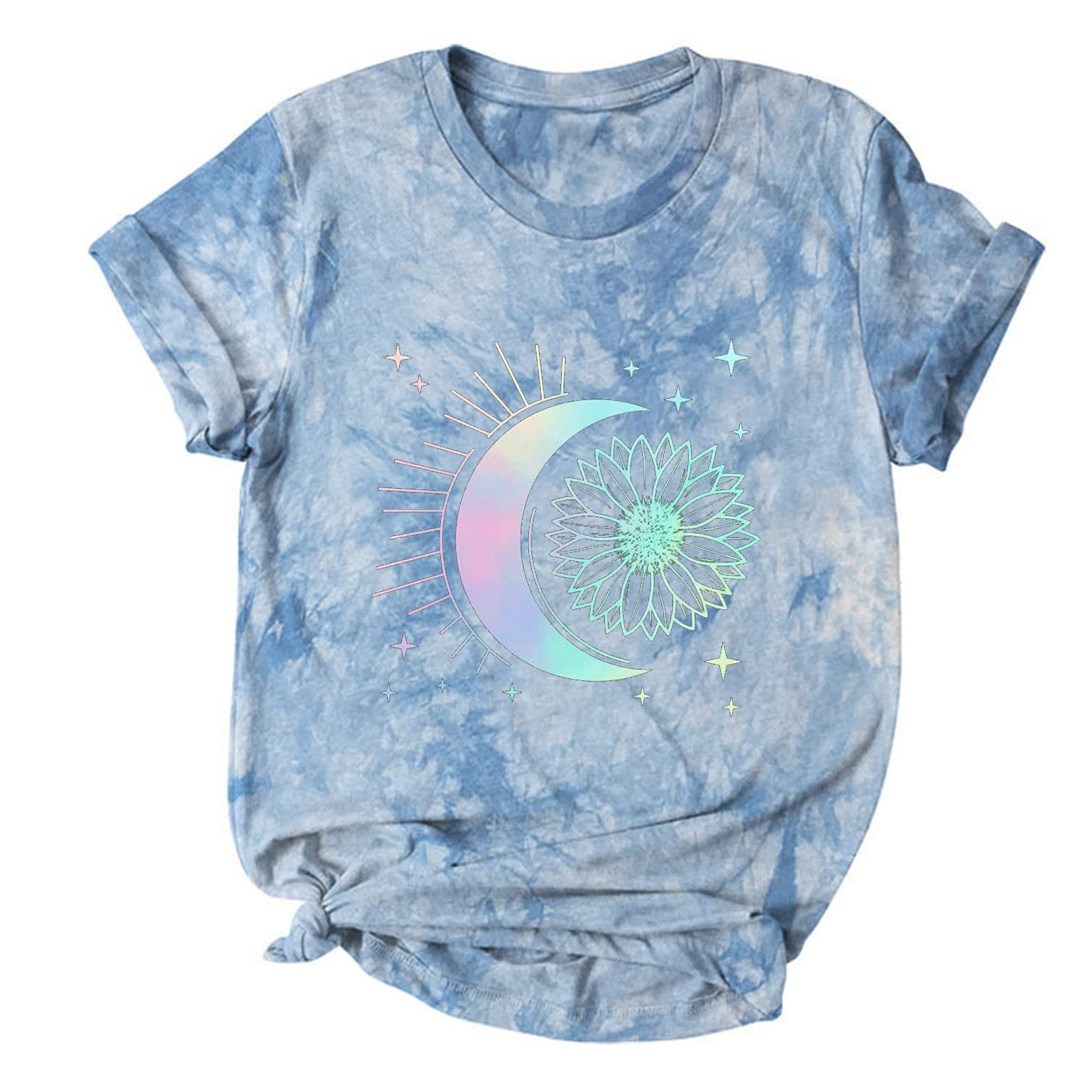 Vintage Tie Dye T-Shirts for Women - Trendy Summer Graphic Tee with Glitter Moon & Sun Design - Short Sleeve Casual Blouse for Beach, Festival, and Everyday Wear