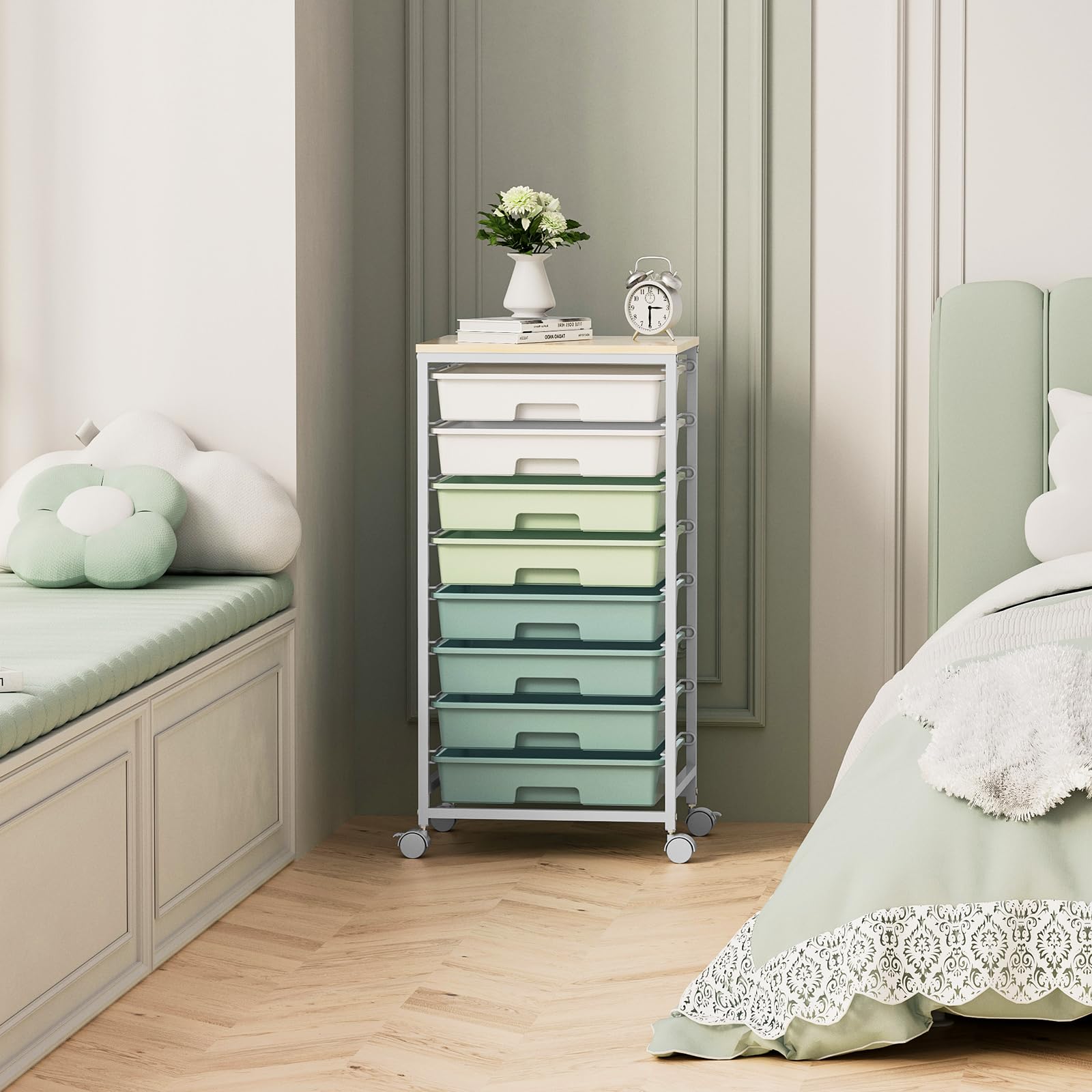 8-Drawer Rolling Storage Cart with Wooden Tabletop - Mobile Utility Organizer for Living Room, Bedroom, Office, Dorm | Perfect for Home Organization, Classroom Supplies & Bathroom Storage (Green)