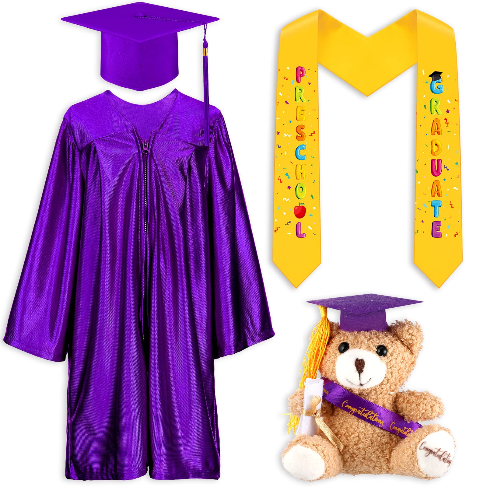 4 Pcs Preschool Graduation Gown Cap Set with Tassel & Stole - Plush Bear Gift for Kids Graduation Ceremony - Perfect for Kindergarten & Pre-K Graduation Photos & Party Celebrations