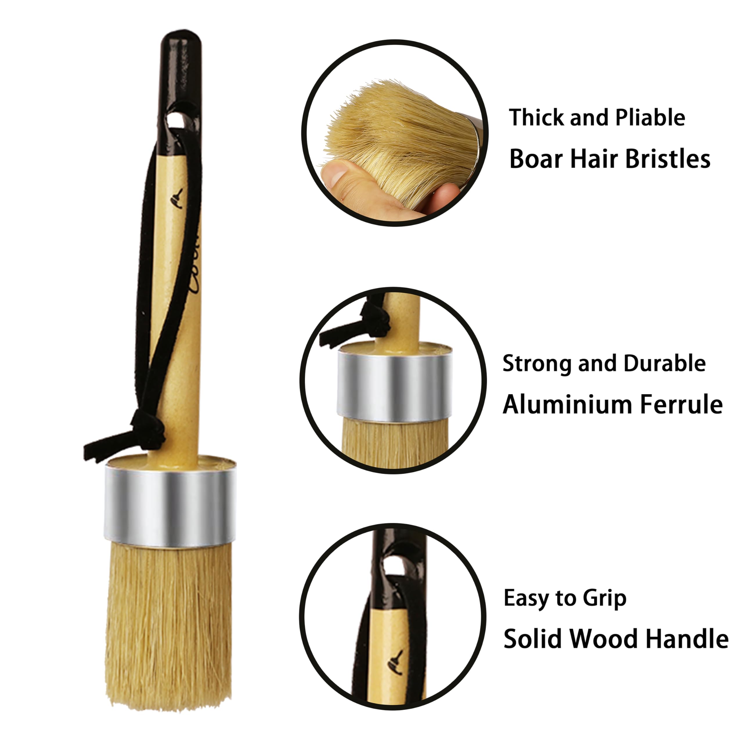 2-Piece Boar Hair Bristle Paint Brushes Set - Round & Flat Chalk & Wax Paint Brushes for Furniture - Perfect for DIY Home Decor, Antique Restoration & Craft Projects