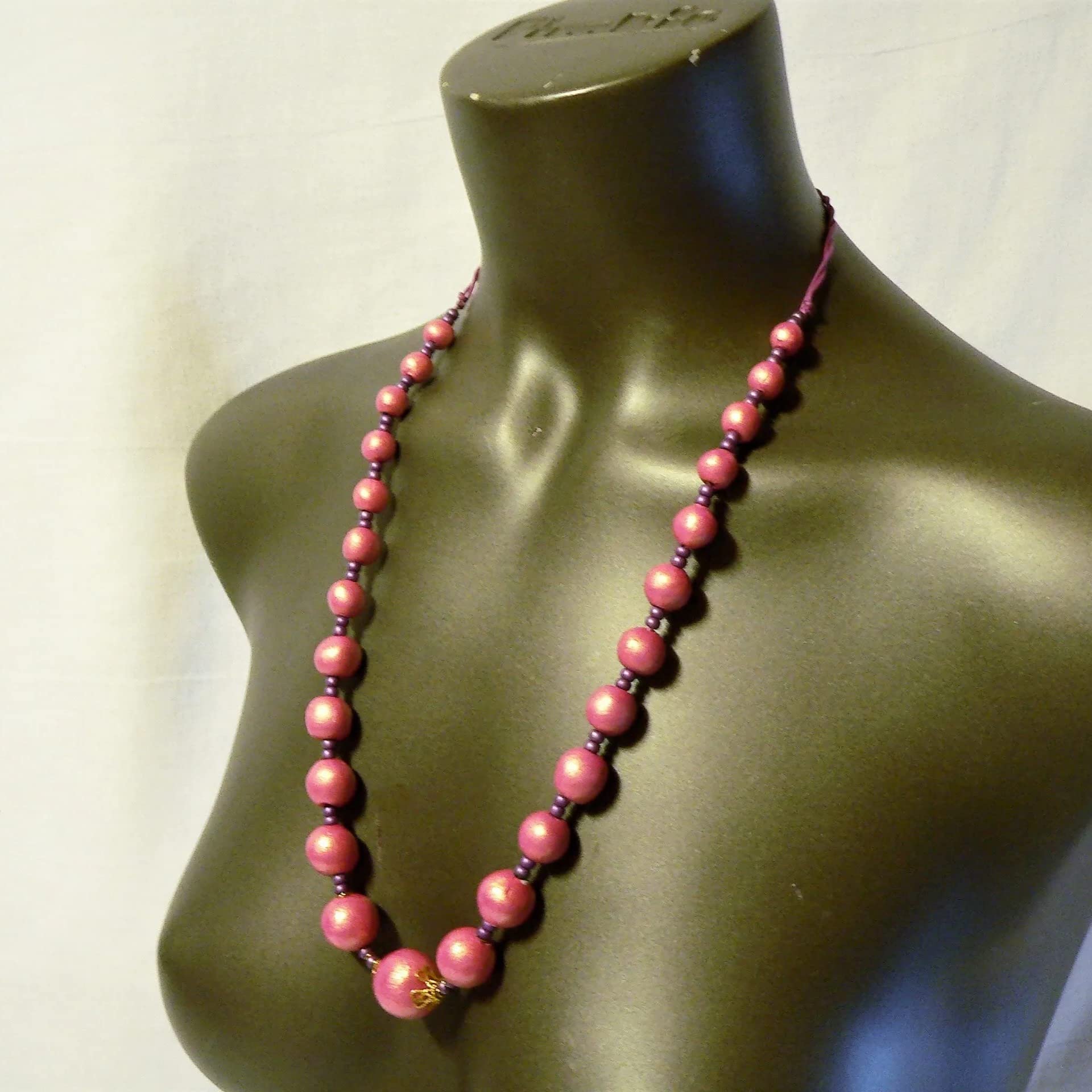 Ceramic Bead Long Necklace for Women - Pink Synthetic Leather Lace Jewelry, 