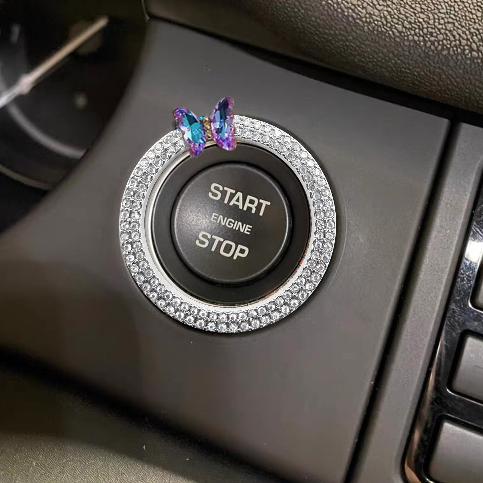 Shiny Crystal Rhinestone Car Bling Ring Emblem - Silver Butterfly Design for Buttons & Knobs | Stylish Car Accessories for Women | Perfect for Steering Wheel & Dashboard Decoration