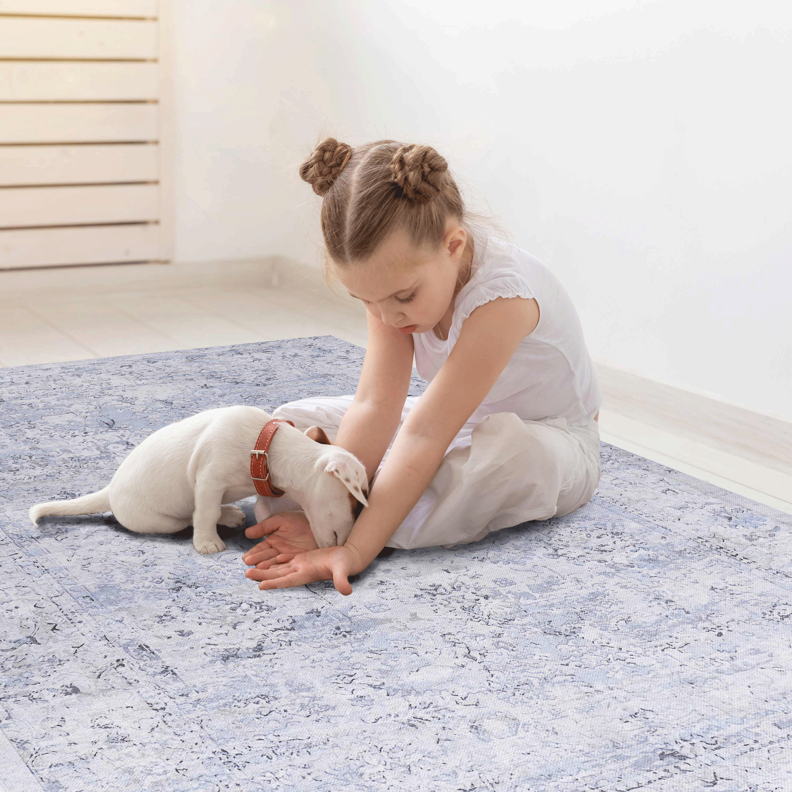 DTY Signature 5x8 Washable Area Rugs - Low Pile Non-Slip Non-Shedding Foldable Rug for Living Room, Bedroom, Kitchen - Kid & Pet Friendly Home Decor (Blue/Cream, 5' x 8') - Perfect for Cozy Spaces, Entryways and High-Traffic Areas