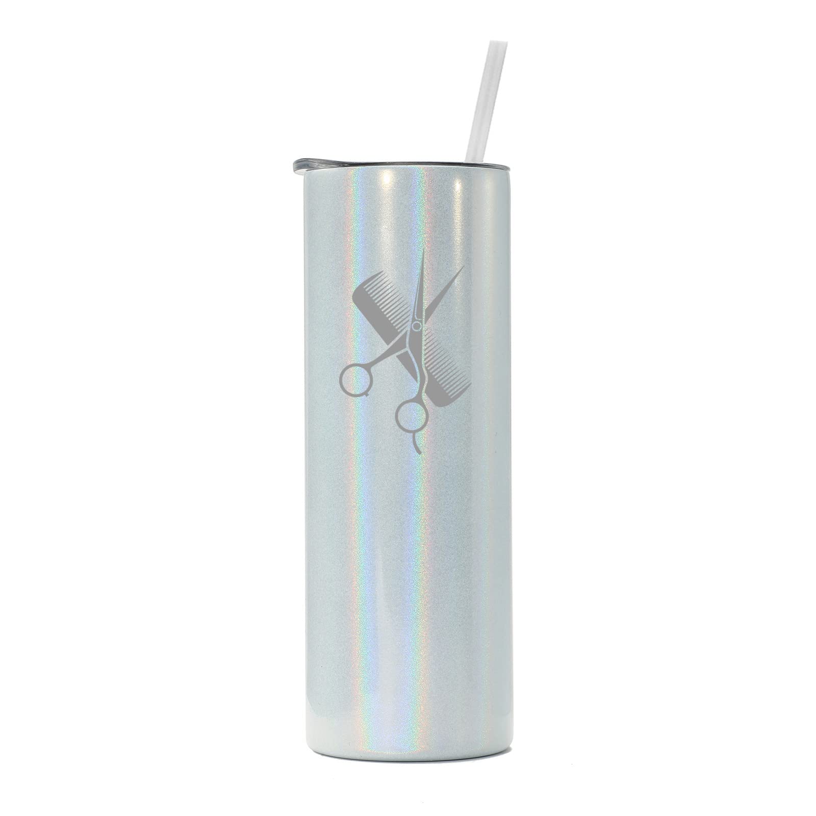 20 oz Skinny Tall Stainless Steel Vacuum Insulated Tumbler with Straw & Hair Styling Kit - Travel Mug Cup with Comb and Professional Hairdressing Scissors (White Iridescent Glitter) | Perfect for Coffee Lovers, Baristas, Hair Stylists & On-the-Go Professionals