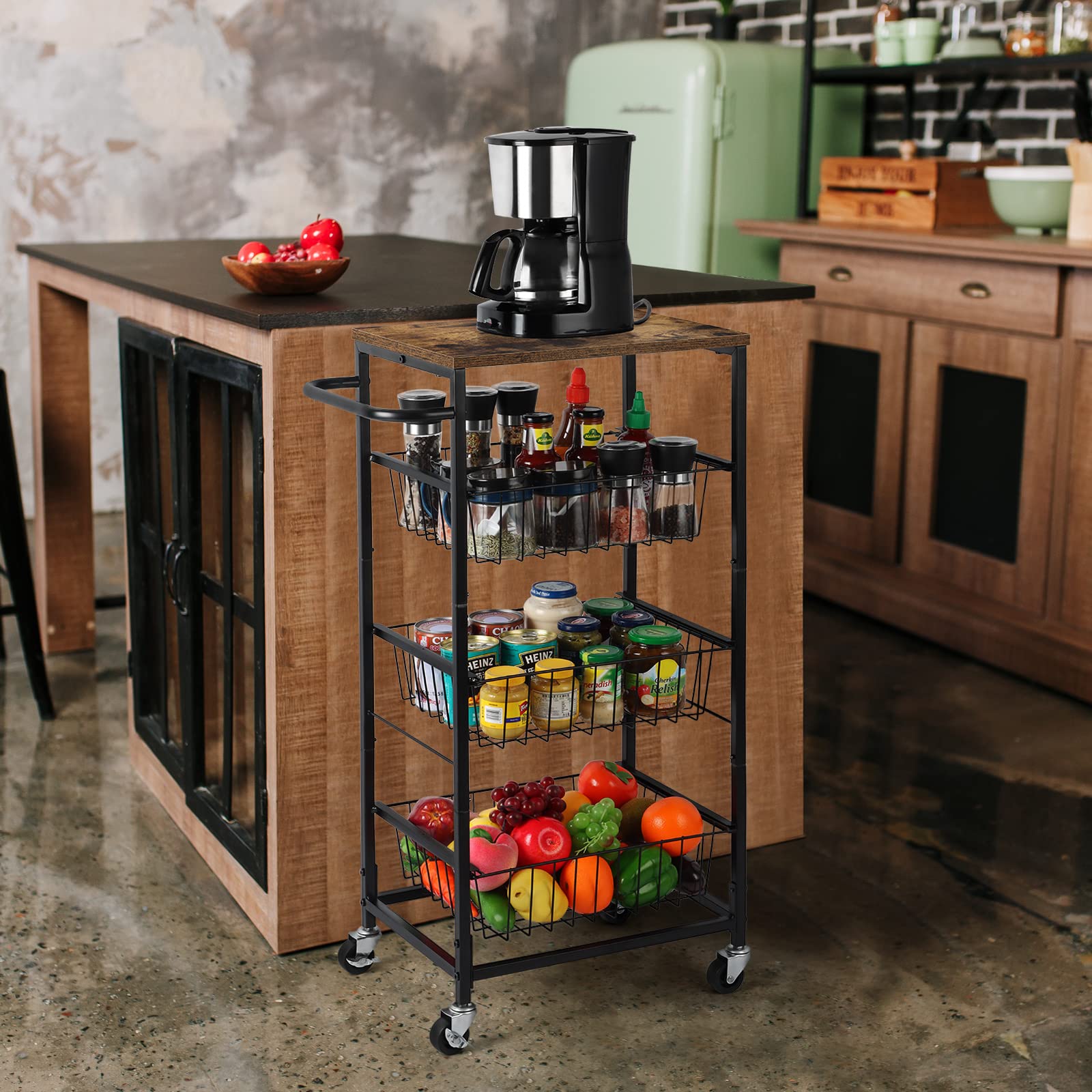 Smusei 4-Tier Rolling Kitchen Cart with Pull-Out Baskets - Mobile Metal Utility Storage Cart for Home, Bathroom, Pantry Organization - Perfect for Small Spaces, Kitchen Prep & Bathroom Storage