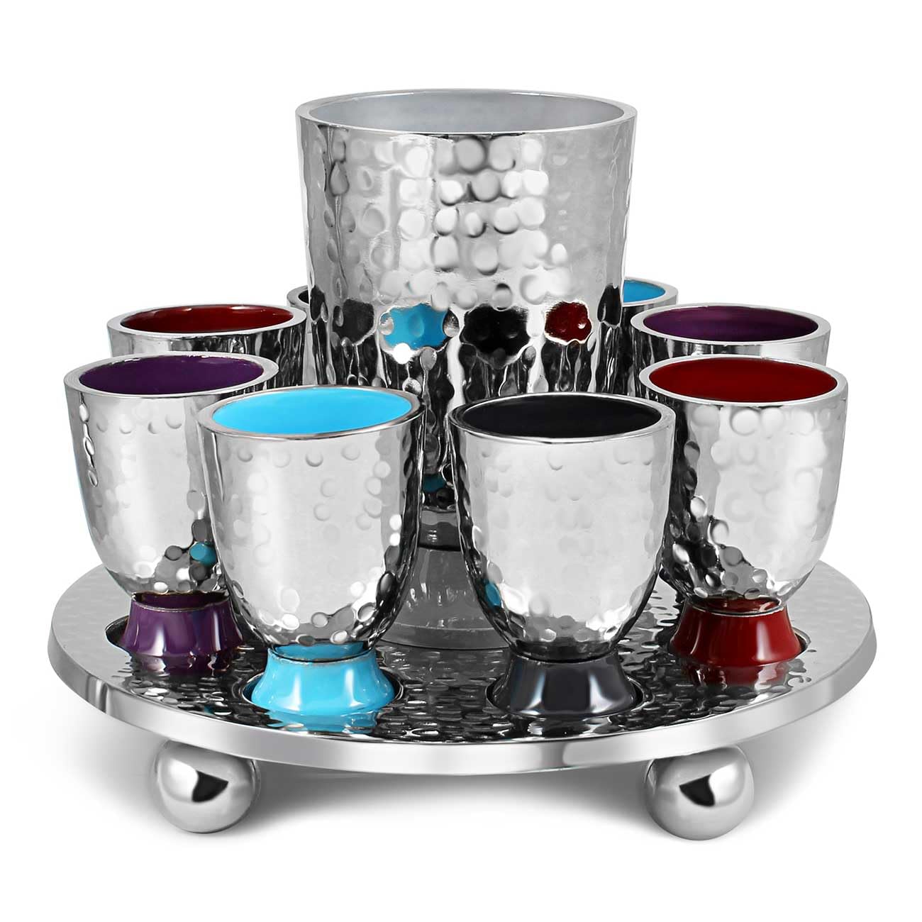 Elegant Hammered Metal Kiddush Cup Wine Fountain Set with Enamel Detailing - Large Goblet & 8 Shot Cups for Jewish Holidays - Perfect for Shabbat, Passover, Seder, Yom Tov & Wedding Gifts by Zion Judaica (Multi Color) - Ideal for Jewish Ceremonies, Holiday Celebrations & Special Occasions