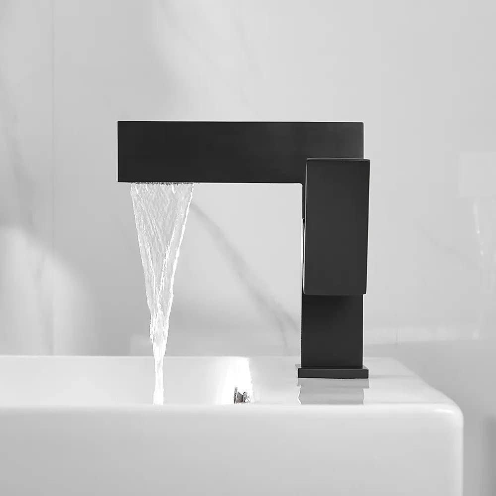 KunMai Ultra-Thin Bathroom Sink Faucet - Single Handle Waterfall Mixer Tap in Solid Brass - 1-Hole Lavatory Vanity Faucet for Modern Bathrooms | Perfect for Small Spaces & Contemporary Home Decor
