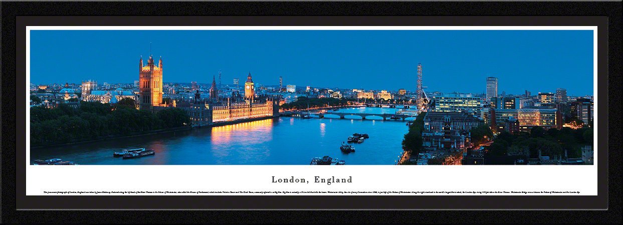 Blakeway Worldwide Panoramas London England Thames at Twilight Skyline Poster - Premium Framed Wall Art with Single Mat - Perfect for Living Room, Office & Home Decor