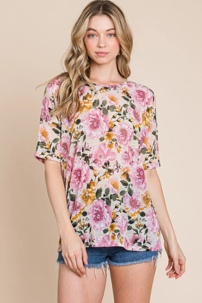 BOMBOM Floral Print Round Neck T-Shirt for Women - Casual Style Summer Top for Outfits, Streetwear & Daily Wear