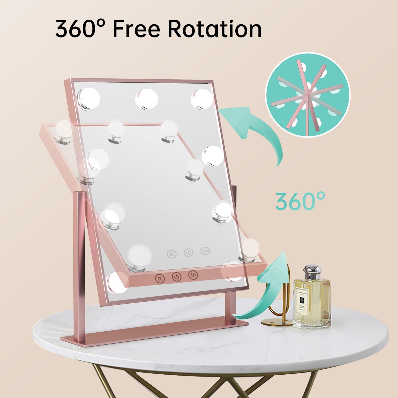 Professional Hollywood Vanity Makeup Mirror with LED Lights - 9 Dimmable Bulbs, 3 Color Modes & Touch Control - 360° Rotating Tabletop Mirror for Perfect Makeup Application (Bedroom, Dressing Room, Salon Use)