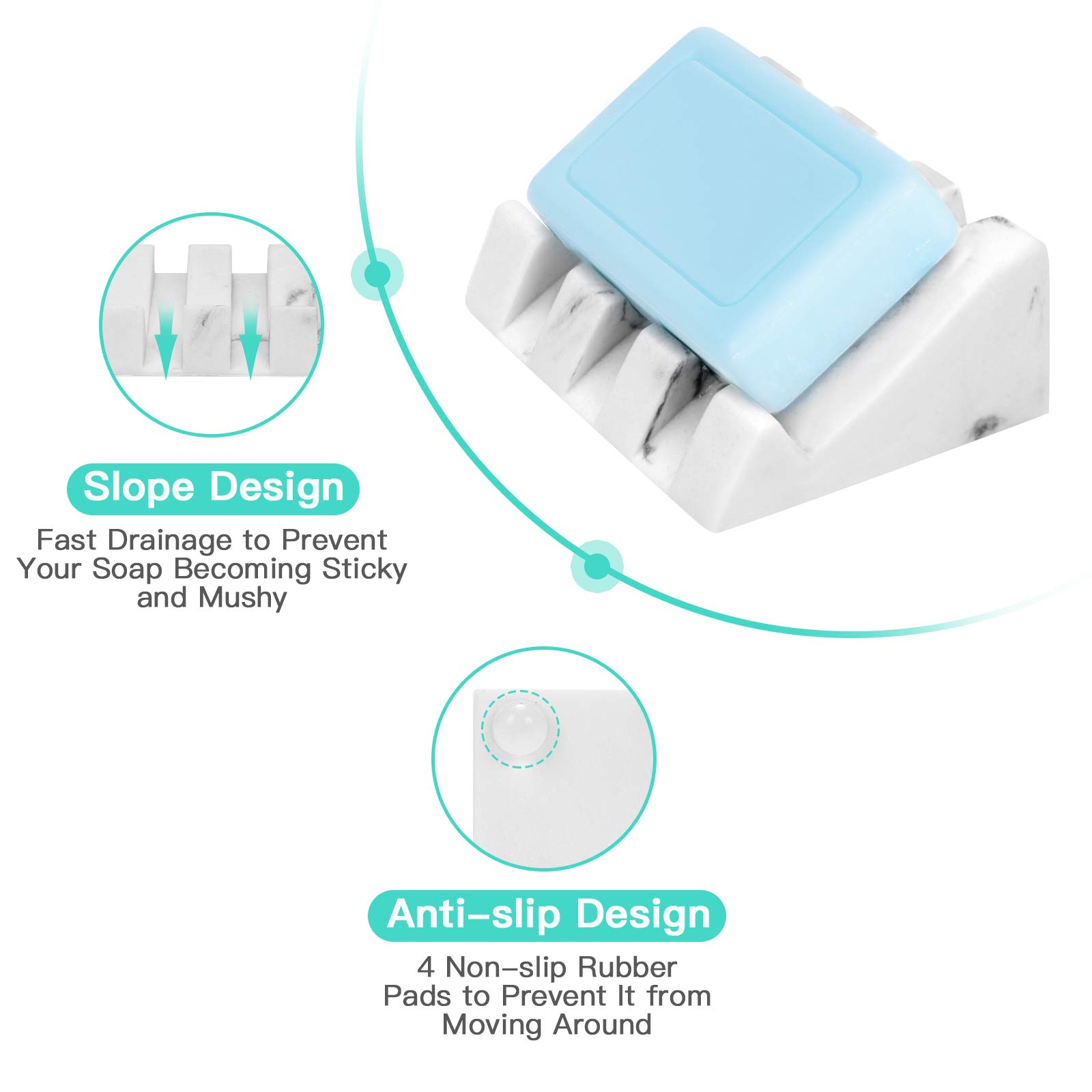 White Marble Soap Dish with Drain - Self Draining Soap Holder Tray for Bathroom & Shower - Modern Waterfall Design Bar Soap Saver - Easy Clean Bath Accessories for Sink Countertop Decor