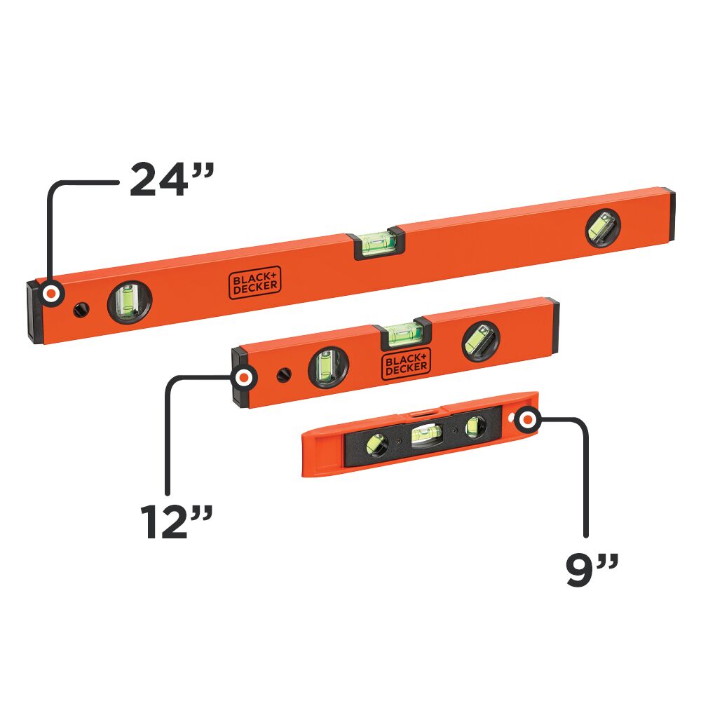 9 in., 12 in., 24 in. Level Set - 3 Pack Aluminum Measuring Tools for Woodworking, Construction, and DIY Projects