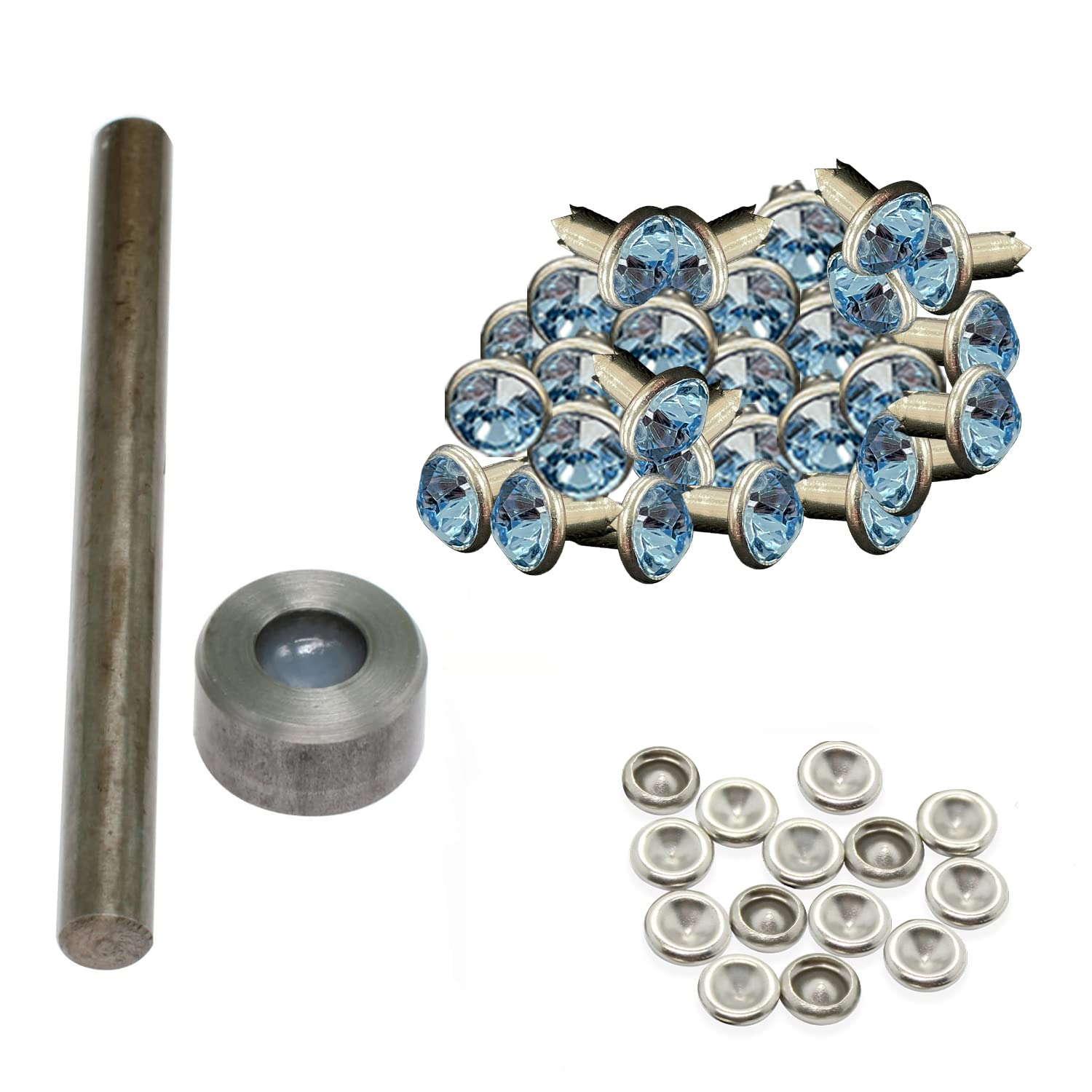 Weddecor 7mm Rivet Setting Hand Tool Kit with Sky Blue Acrylic Rhinestones - 50pcs DIY Studs for Leather Craft, Fashion Accessories, Belts, Bags & Dog Collars - Perfect for DIY Clothing, Shoes & Handmade Jewelry Making