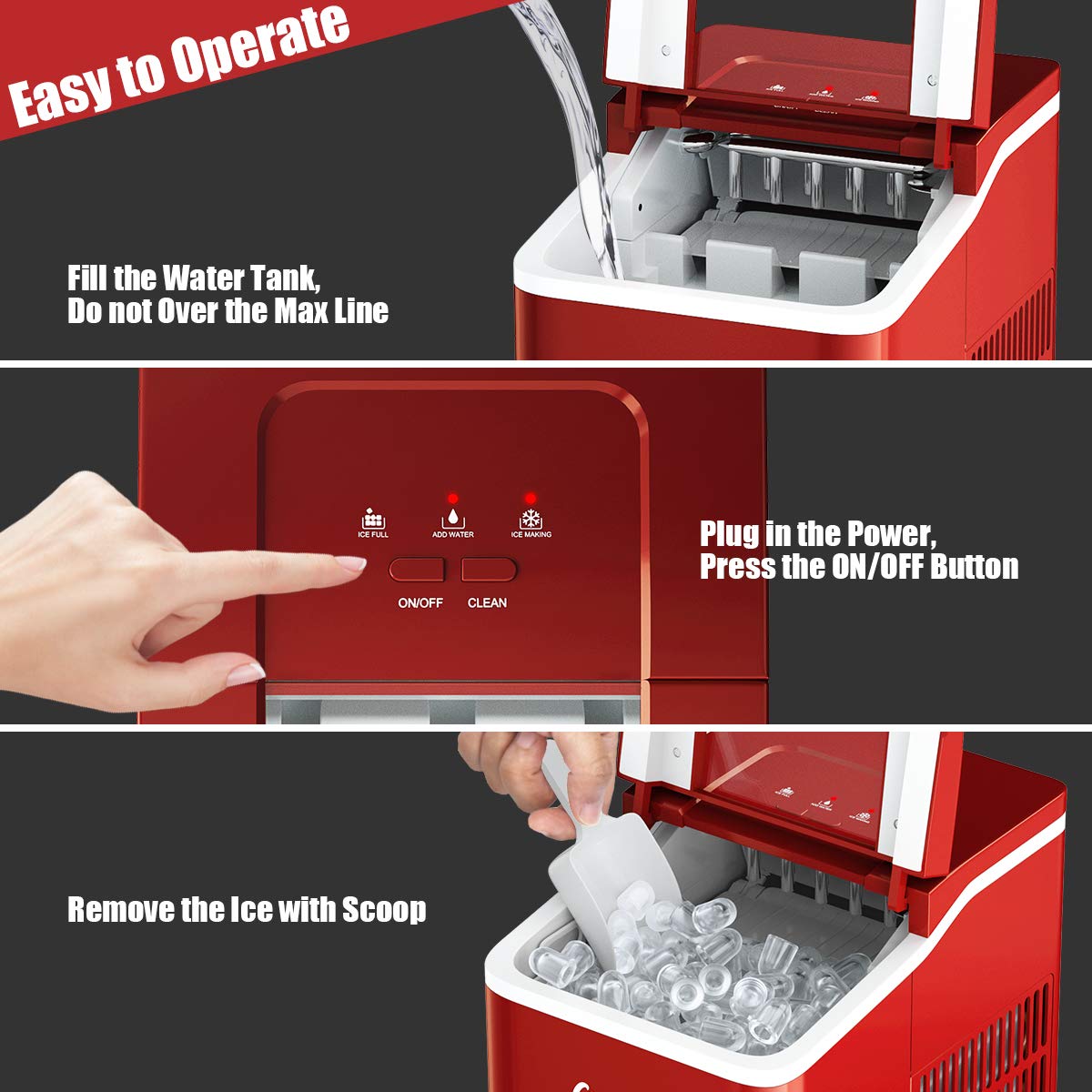COSTWAY 26Lbs/24H Portable Countertop Ice Maker with Self-Cleaning Function - Makes Bullet Ice Cubes in 8 Minutes - Includes Scoop & Removable Basket - Perfect for Home, Parties, Bars, RV Trips & Outdoor Gatherings (Red)