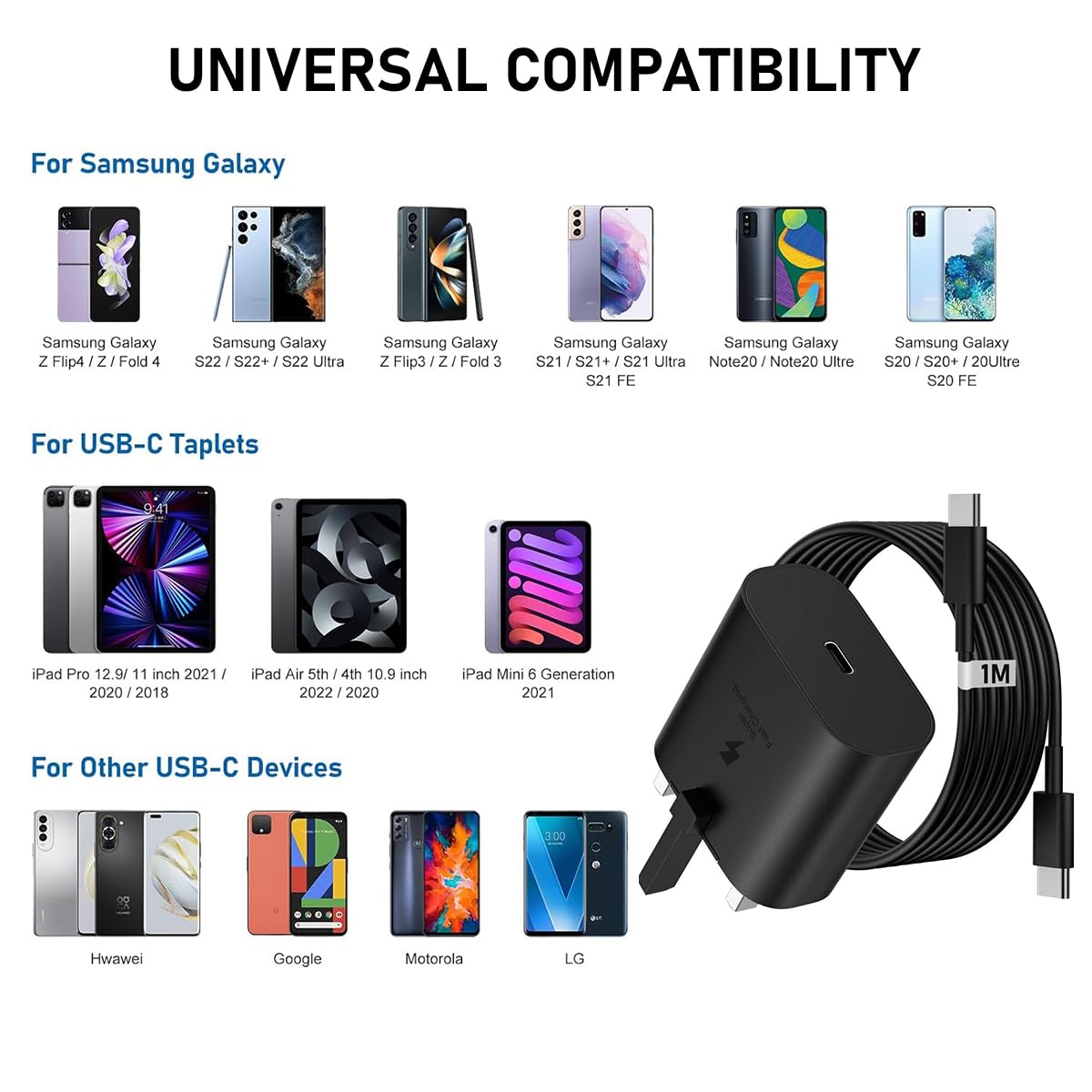 25W Super Fast Charger Plug for Samsung Galaxy A36/A35/A34 5G/A33/A32 - USB Type C Wall Charger with 1M Cable & UK 3-Pin Adapter - Perfect for Home, Office & Travel Charging