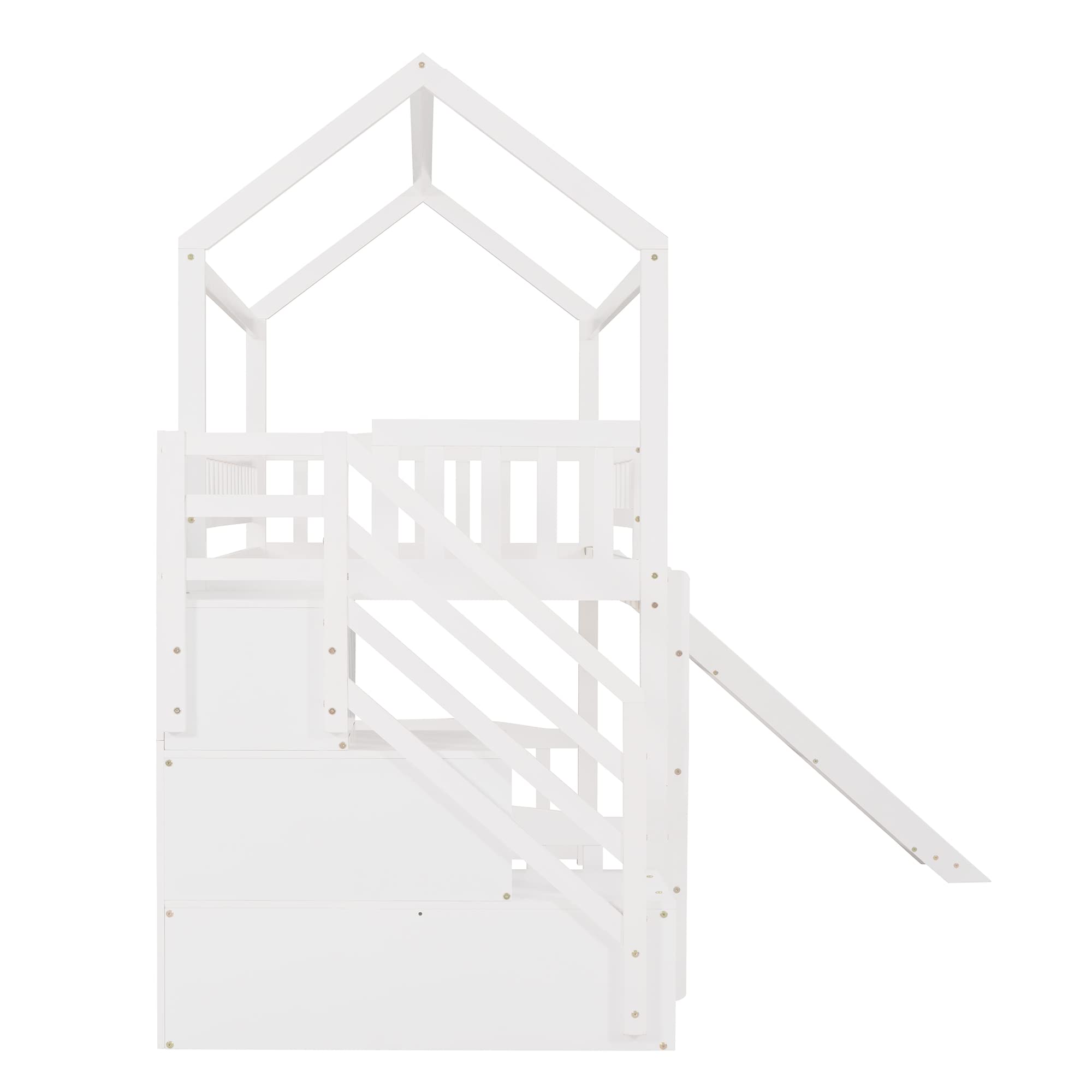 Kids Loft Bed with Slide & Storage Stairs - Twin Size Wooden House Bed Frame with Roof & Safety Guardrails for Boys, Girls & Teens (White) - Perfect for Small Bedrooms, Playrooms & Kids' Dream Spaces