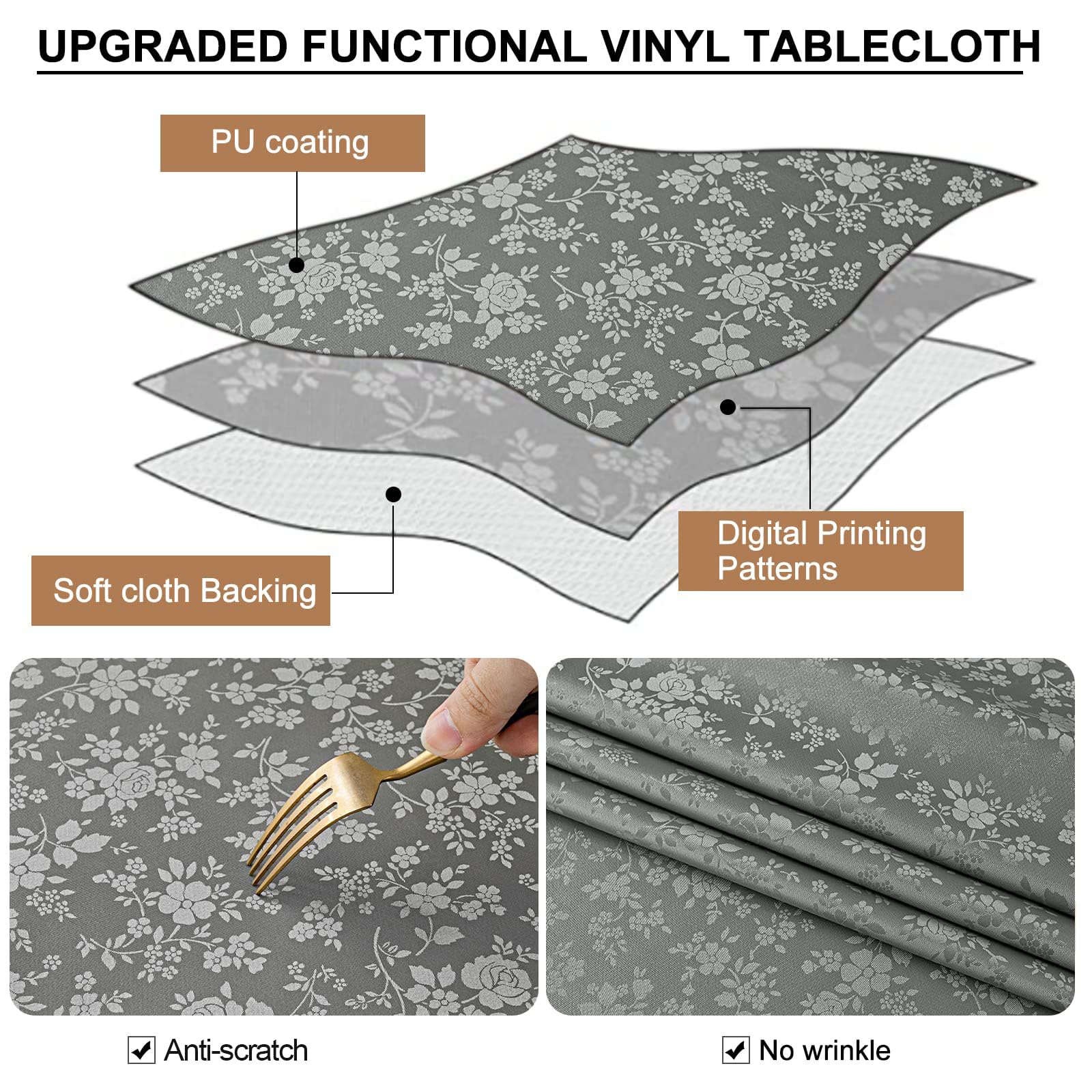 Smiry Heavy Duty Vinyl Tablecloth - Waterproof, Wipeable, Washable Rectangle Table Cover for Kitchen & Dining Room, Perfect for Parties, Picnics, and Outdoor Events (Grey, 60