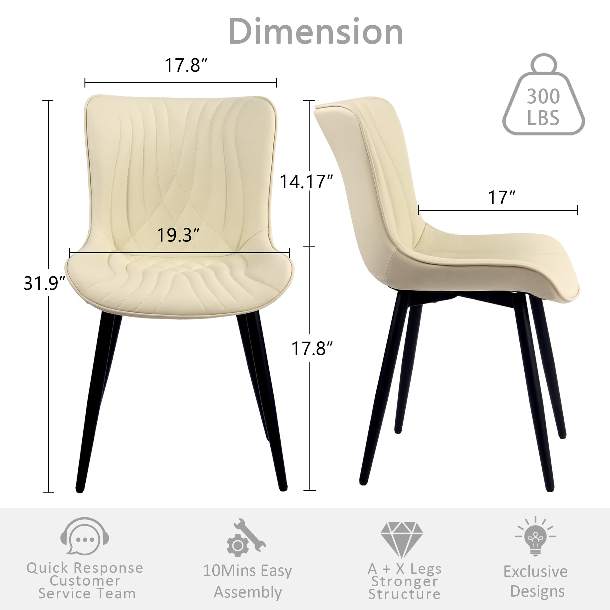 Kidol & Shellder Faux Leather Dining Chairs Set of 2 - Mid Century Modern Kitchen & Dining Room Chairs with Metal Legs, Ergonomic Armless Design for Living Room, Vanity or Home Office (Beige) | Comfortable Seating for Family Meals, Entertaining Guests & Workspace