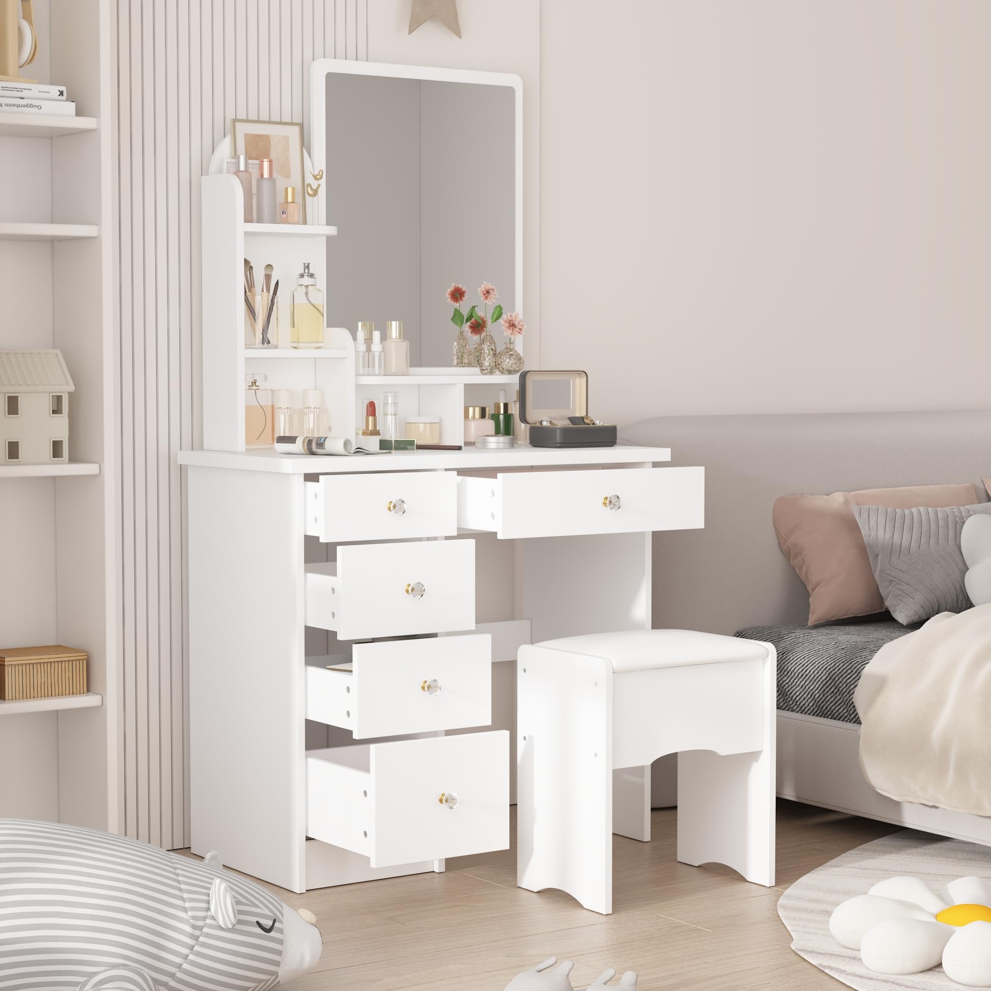 AIEGLE White Vanity Desk Set with Rectangular Mirror - Makeup Dressing Table with Shelves & Cushioned Stool, Perfect for Bedroom, Bathroom or Dressing Room Organization