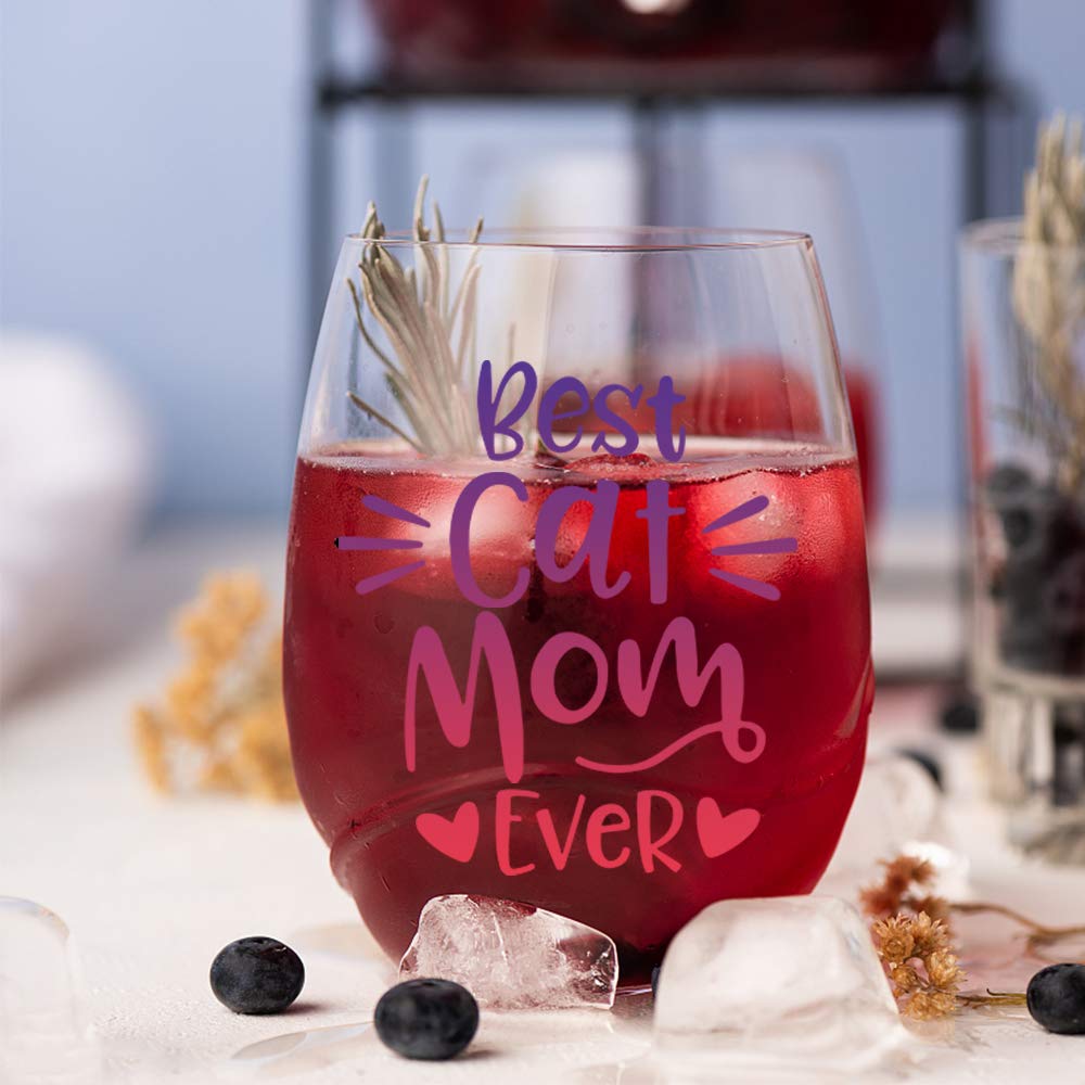 Funny Cat Mom Stemless Wine Glass - Best Cat Lover Gift for Women, Cat Dad, Veterinarian & Vet Tech - Perfect Birthday & Valentine's Present for Animal Rescue Enthusiasts - Great for Wine Nights & Cat-Themed Parties