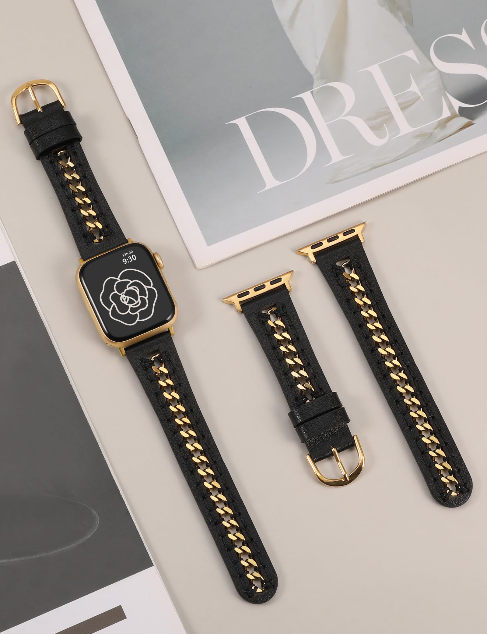 TOYOUTHS Genuine Leather Apple Watch Band for Women - Compatible with 38mm/40mm/41mm/42mm iWatch Series 10/9/SE/8/7/6/5/4/3/2/1 - Fashionable Leather Bracelet with Metal Chain Accents - Black & Gold - Perfect for Work, Casual Wear & Western Style Outfits