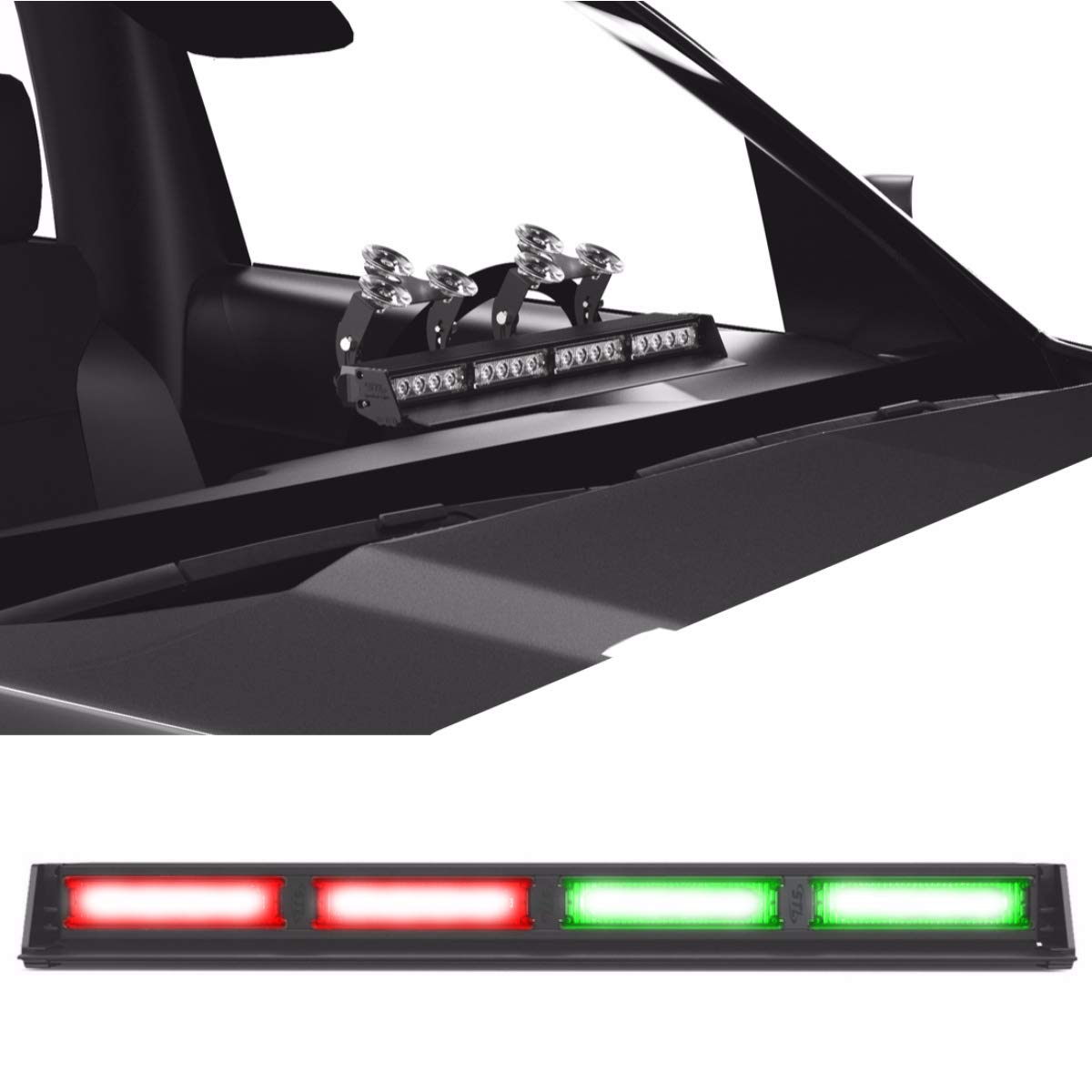SpeedTech Lights Striker TIR 4-Head High Intensity LED Strobe Light Bar - Emergency Vehicle Warning Light with Windshield & Dash Mount, Cigarette Lighter Plug (Red/Green) - Perfect for Police Cars, Ambulances, Construction & Hazard Warning Vehicles