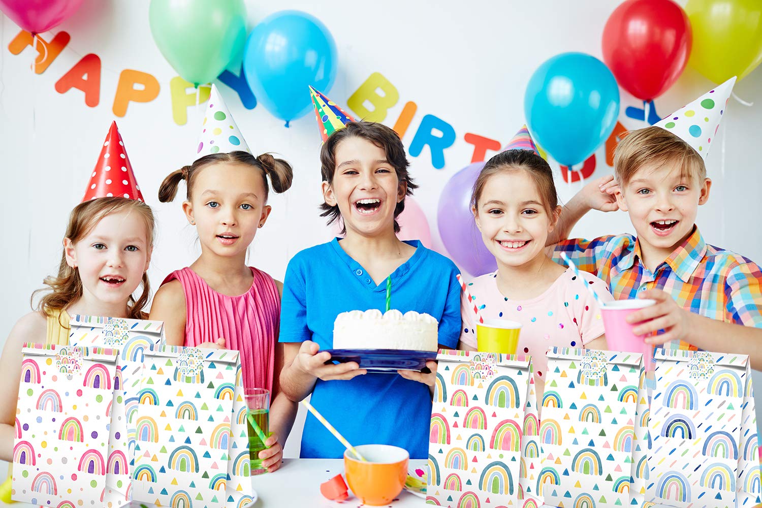 Boho Rainbow Party Favors Candy Bags with Stickers - Colorful Rainbow Themed Goodie Gift Treat Bags for Birthday Parties, Baby Showers & Celebrations - Bulk Party Supplies for Kids & Adults