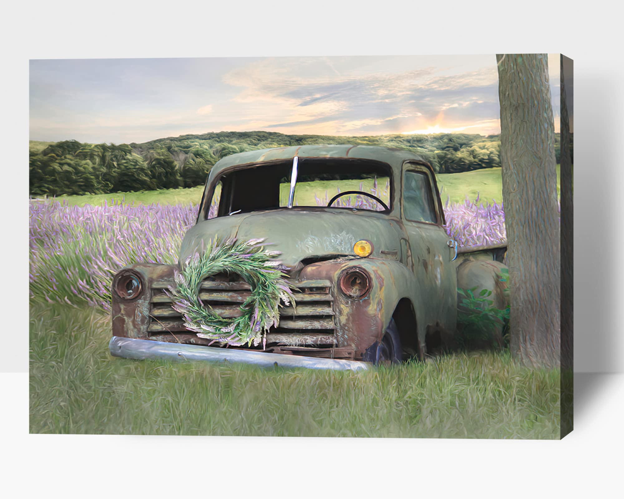 TIMUBA Vintage Farmhouse Wall Art - 18x24 Inch Rustic Sunset Lavender Flowers Canvas Painting Print, Old Truck Countryside Picture for Living Room & Bedroom Decor | Perfect for Farmhouse, Cottage & Rustic Home Décor