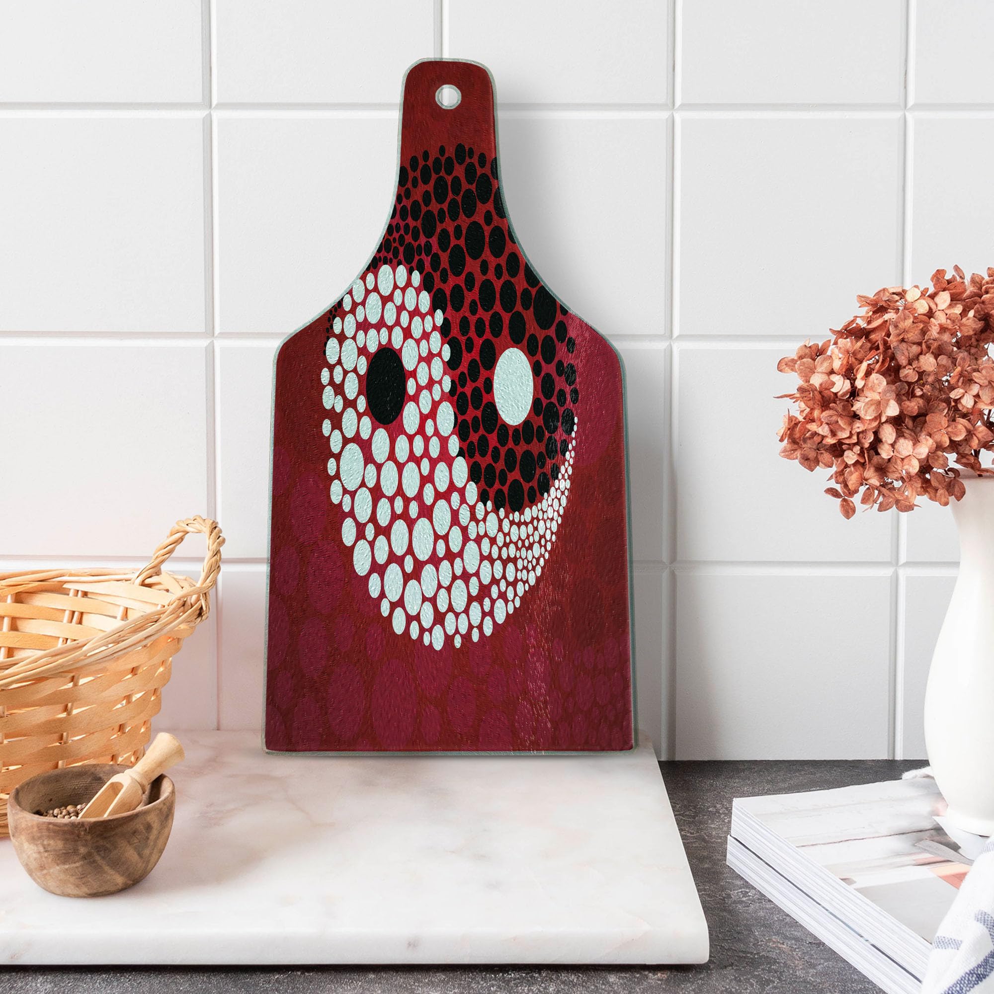 Ambesonne Yin Yang Tempered Glass Cutting Board - Black and White Abstract Design with Dots Pattern for Kitchen & Serving - Wine Bottle Shape Decorative Board for Cheese, Charcuterie & Entertaining
