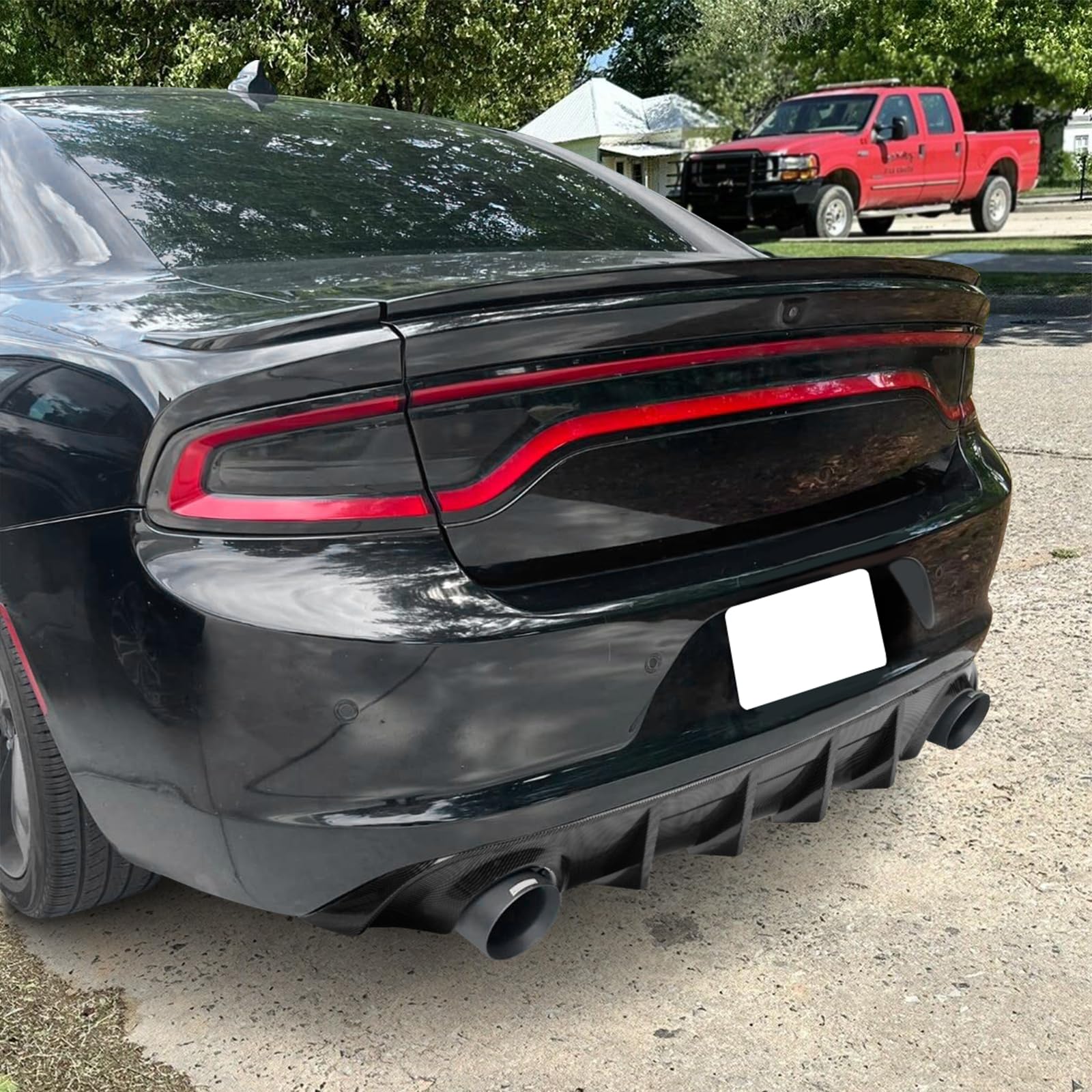 IKON MOTORSPORTS Rear Bumper Diffuser for 2015-2023 Dodge Charger Base & SXT - Carbon Fiber Print PP Lip Splitter | Enhances Aerodynamics & Sporty Look for Street Racing & Car Shows