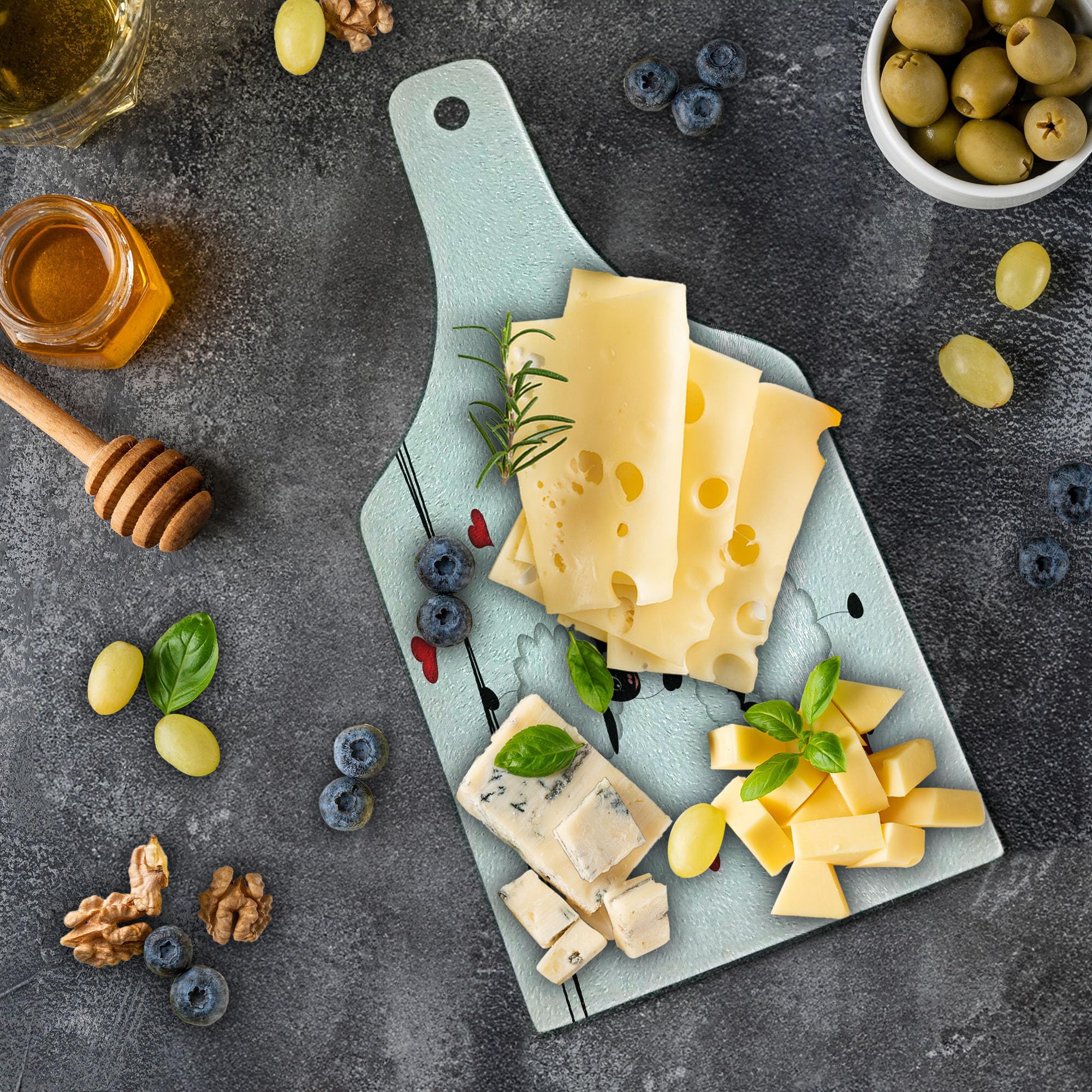 Ambesonne Animal Themed Cutting Board - Sheep Couple with Heart Shapes, Fun Cartoon Art, Tempered Glass Serving Board for Kitchen & Dining | Perfect for Wine Bottle Display, Charcuterie, and Home Decor (Red, White, Black)