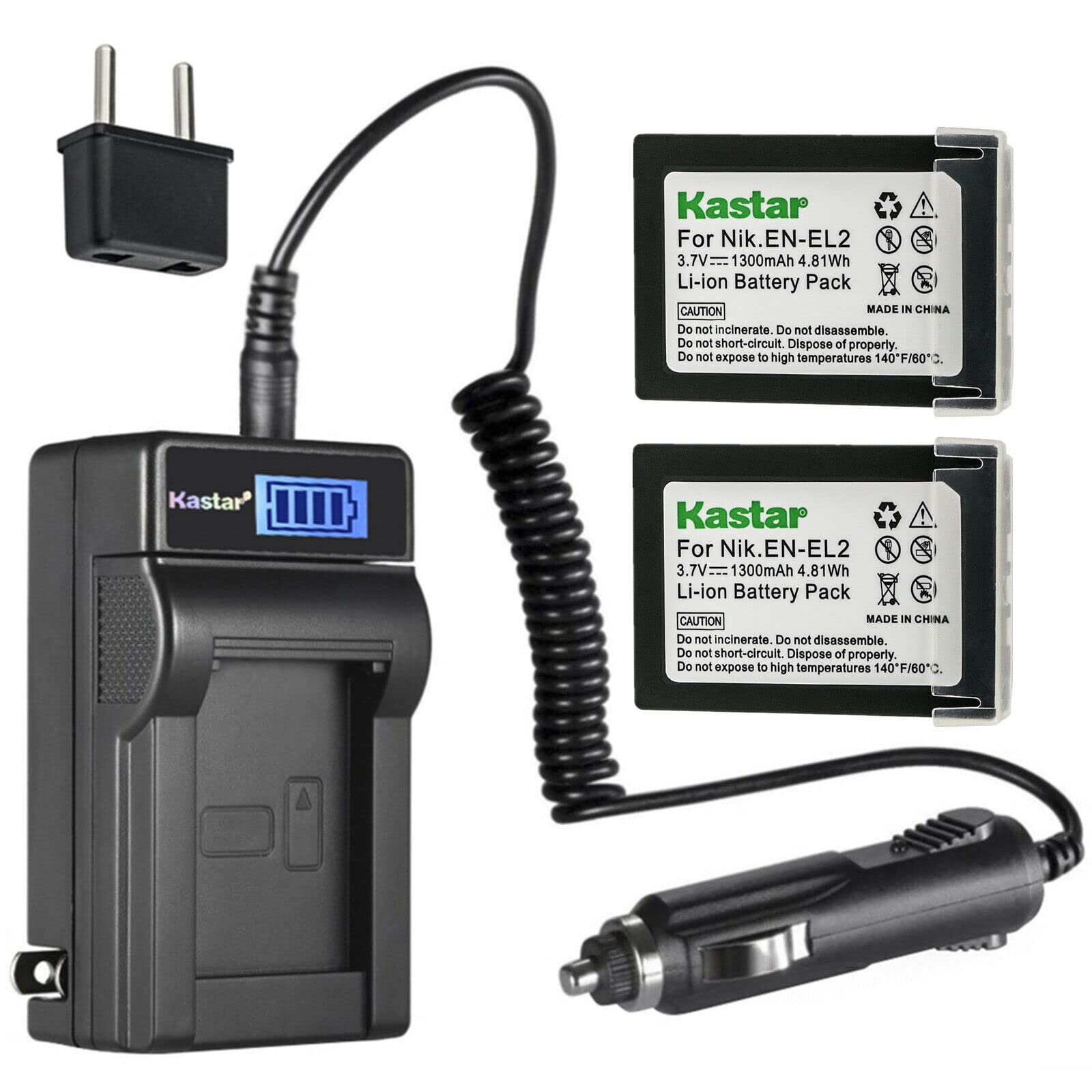 Kastar 2-Pack EN-EL2 Replacement Battery with LCD AC Charger - Compatible with Nikon EN-EL2/ENEL2/EL2 Batteries, MH-60 Charger & Coolpix 2500/3500/SQ Digital Cameras - Perfect for Travel Photography & Backup Power