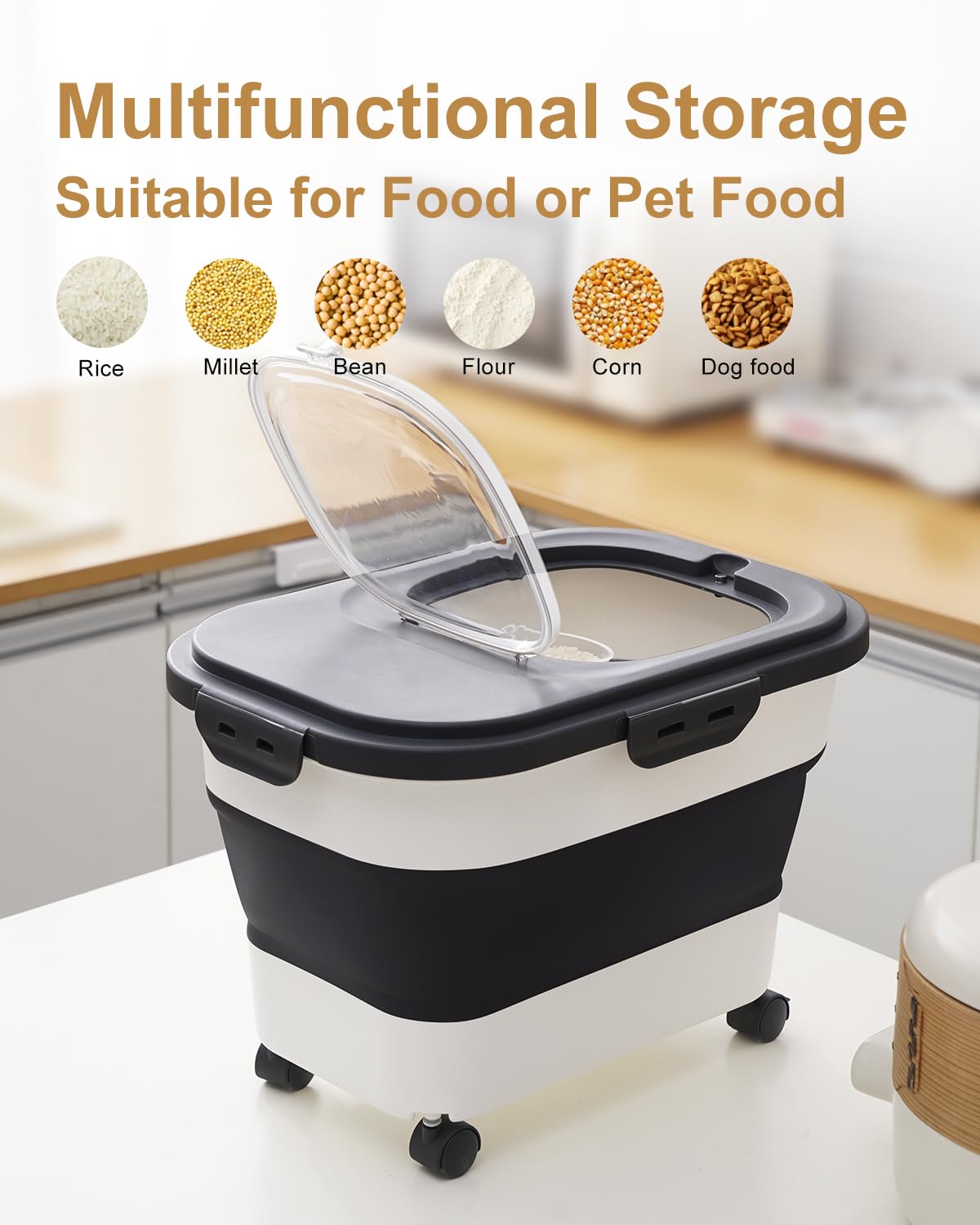20-30 Lbs Collapsible Rice & Flour Storage Container with Airtight Locking Lid, Rolling Wheels & Measuring Cup - Perfect for Kitchen Pantry, Pet Food, Bulk Dry Food Storage & Meal Prep Organization